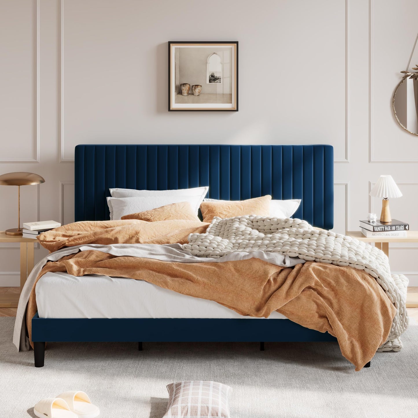 SHA CERLIN King Upholstered Platform Bed Frame with Vertical Channel Tufted Velvet Fabric Adjustable Headboard, Wooden Slats Support, Mattress Foundation, Box Spring Optional, Blue