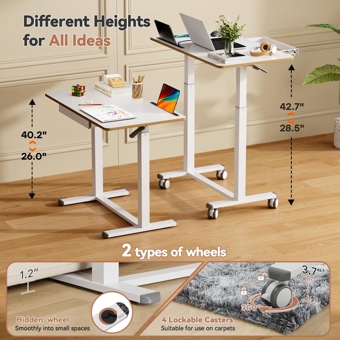 Liftsync Mobile Standing Desk, 35inch Small Rolling Table with Drawer, Height Adjustable Sit Stand Workstation, White Portable Laptop Cart with Hidden Wheels or Lockable Casters