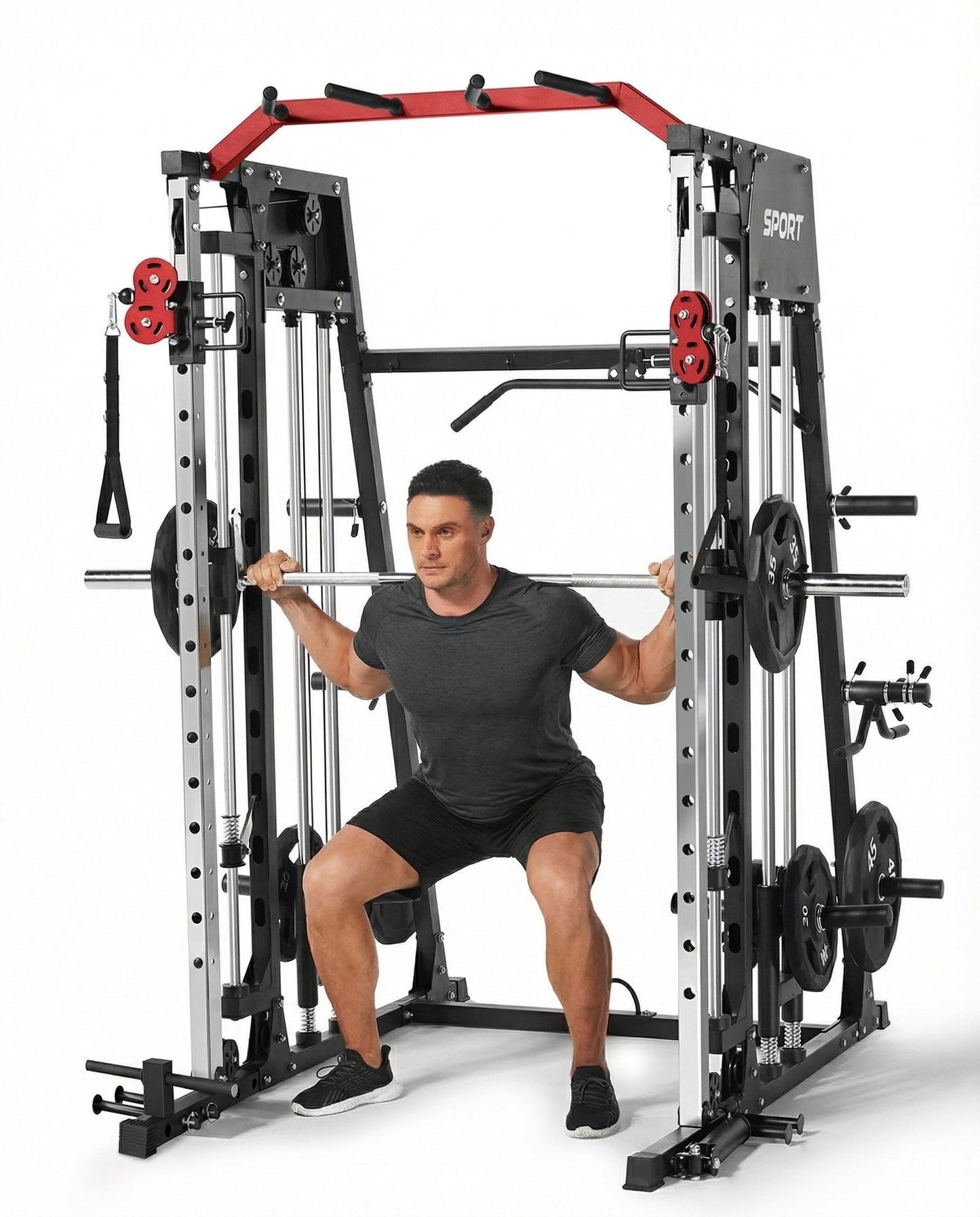 Smith Machine Home Gym 2200LBS Squat Rack Power Cage with LAT Pulldown, Cable Crossover System, Smith Bar, Leg Attachments, All in One Workout Equipment