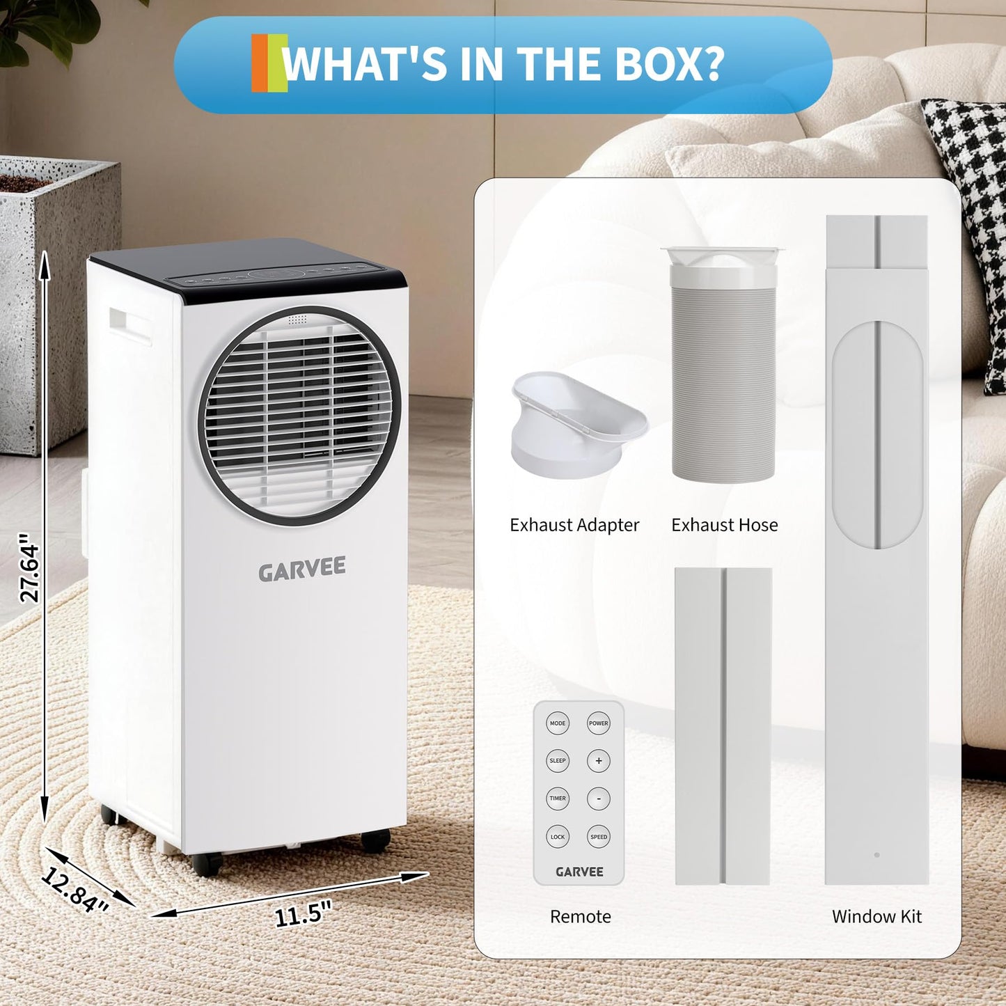 Garvee 8000 BTU Portable Air Conditioner, Portable AC Unit with Dehumidifier, Fan and Remote Control, Energy Efficient Indoor AC Conditioner for Rooms up to 350 Sq. Ft., White