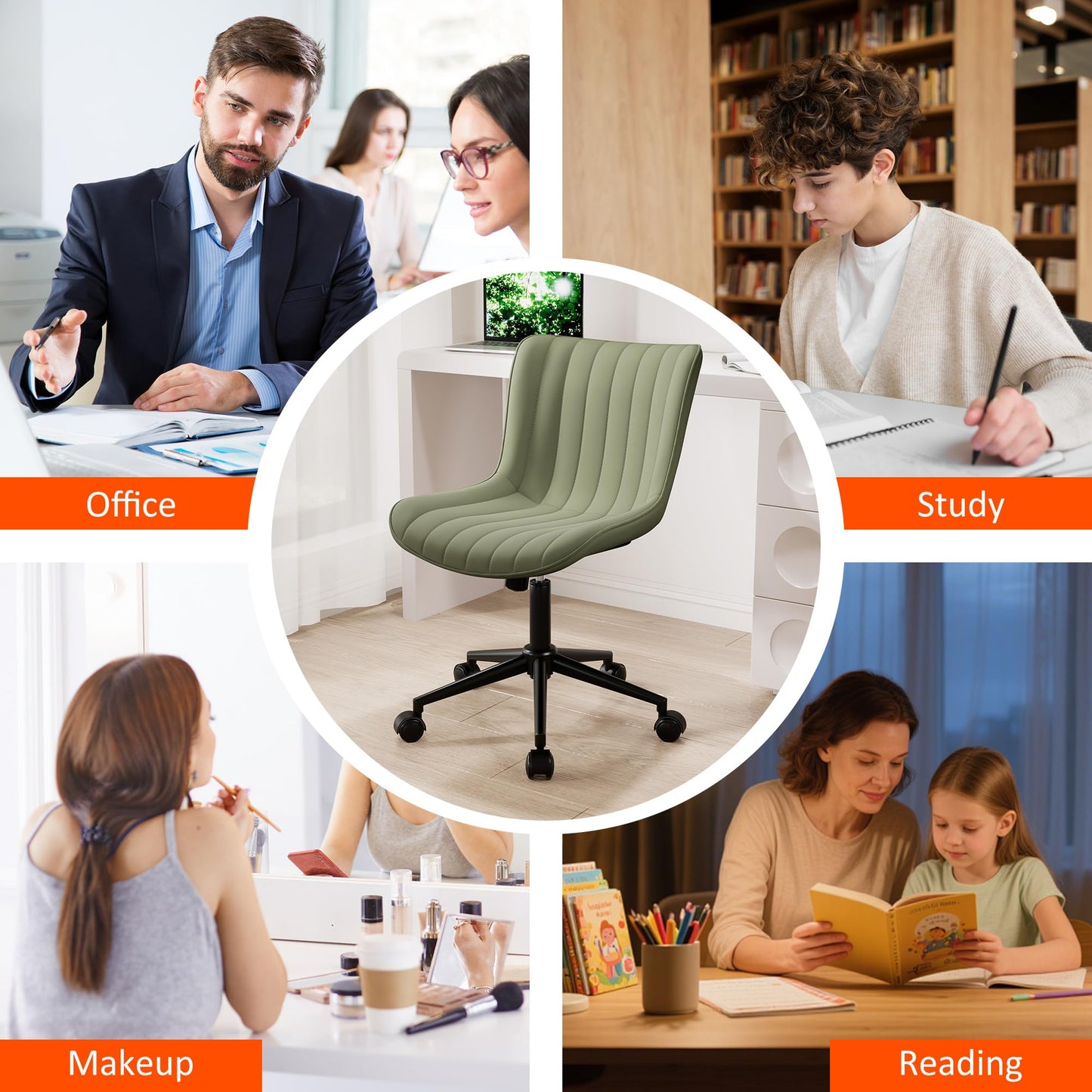 Kidol & Shellder Olive Green Office Desk Chair with Wheels Leather Modern Armless Swivel Vanity Chair with Comfy Padded Back Ergonomic Cute Rolling Adjustable Computer Chair Small