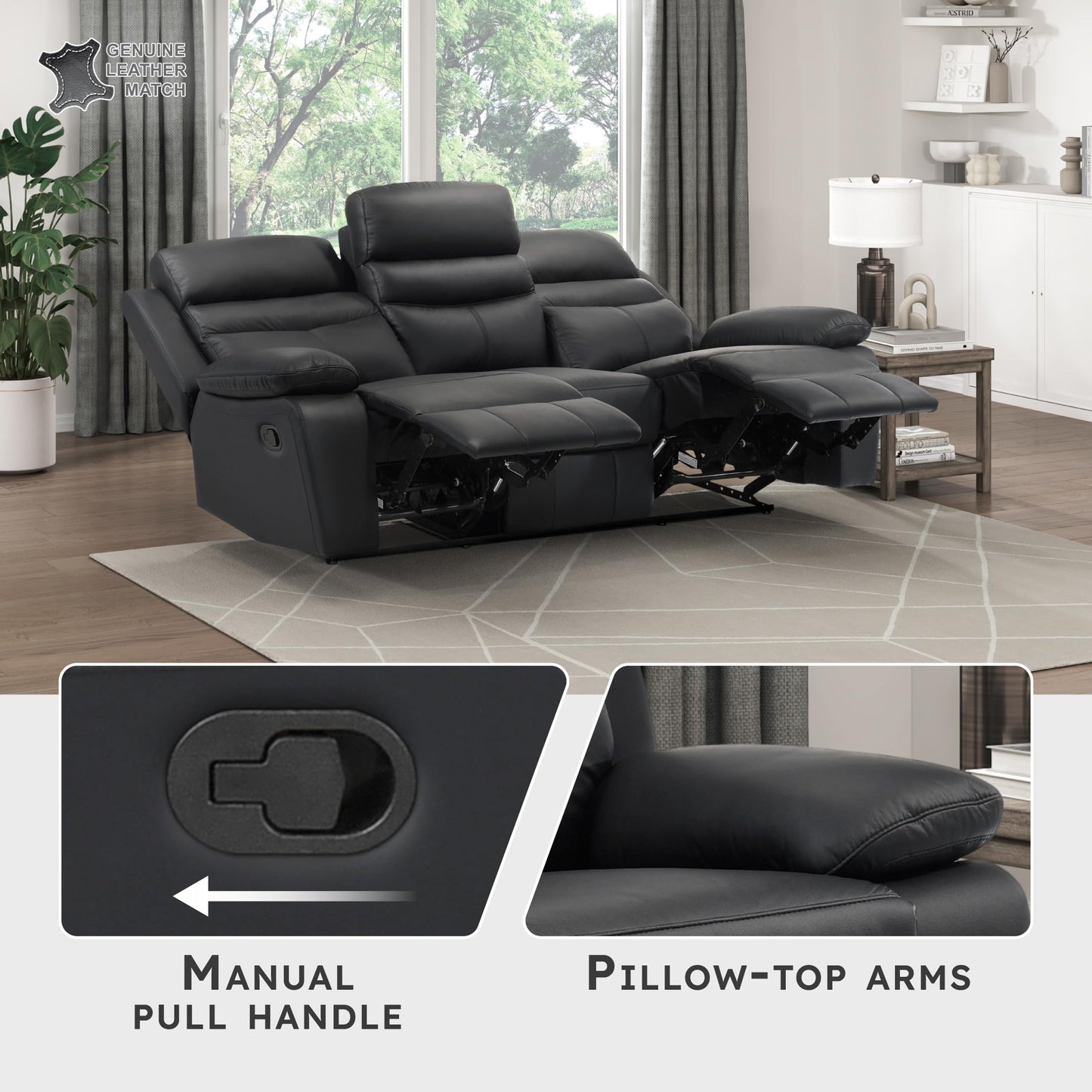 Lexicon 86.5" W Manual Reclining Sofa, Top Grain Leather Match Reclining Sofa, Home Theater Seating, Wall Hugger Recliner Couch, Manual Double Recliner RV Couch for Living Room, Black