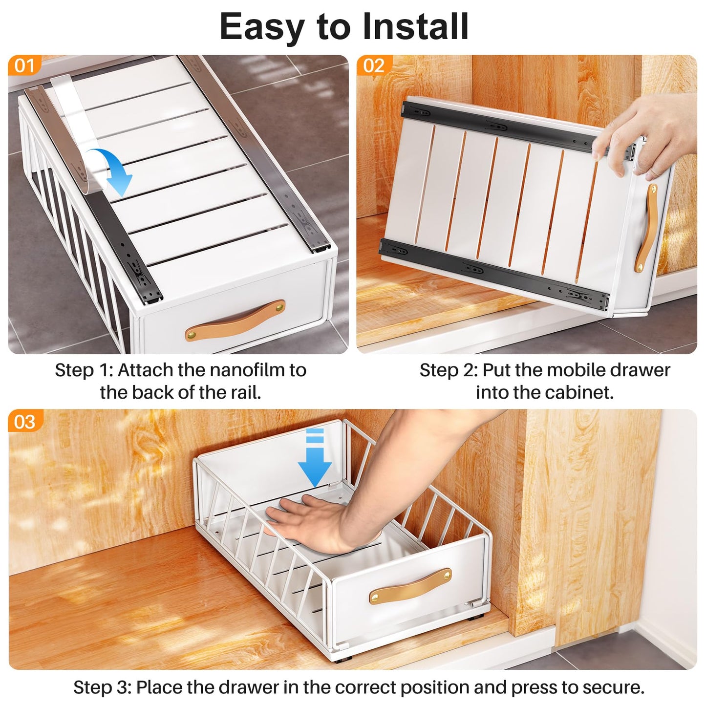 4Pack Pull out Cabinet Organizer,Heavy Duty Slide out Pantry Shelves Drawer Storage with Adhesive Nano Film,Sliding Mesh Basket with Handle for Kitchen, Bathroom, Home, 11.8W" X 15.7"D X 6.2"H,White