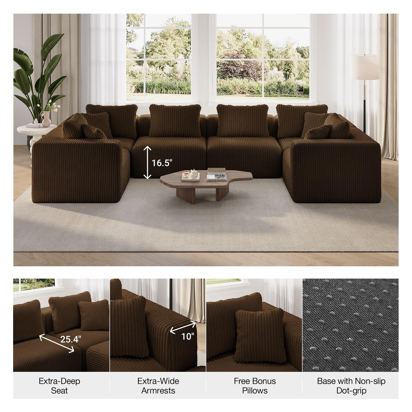 Novilla 141" Modular Sectional Sofa, Modern Cloud Sectional Couch with Smarts Coil® Support, U-Shape Boneless Couch for Living Room Apartments, No Assembly Required, Brown (4 Seat w/ 2 Ottoman)