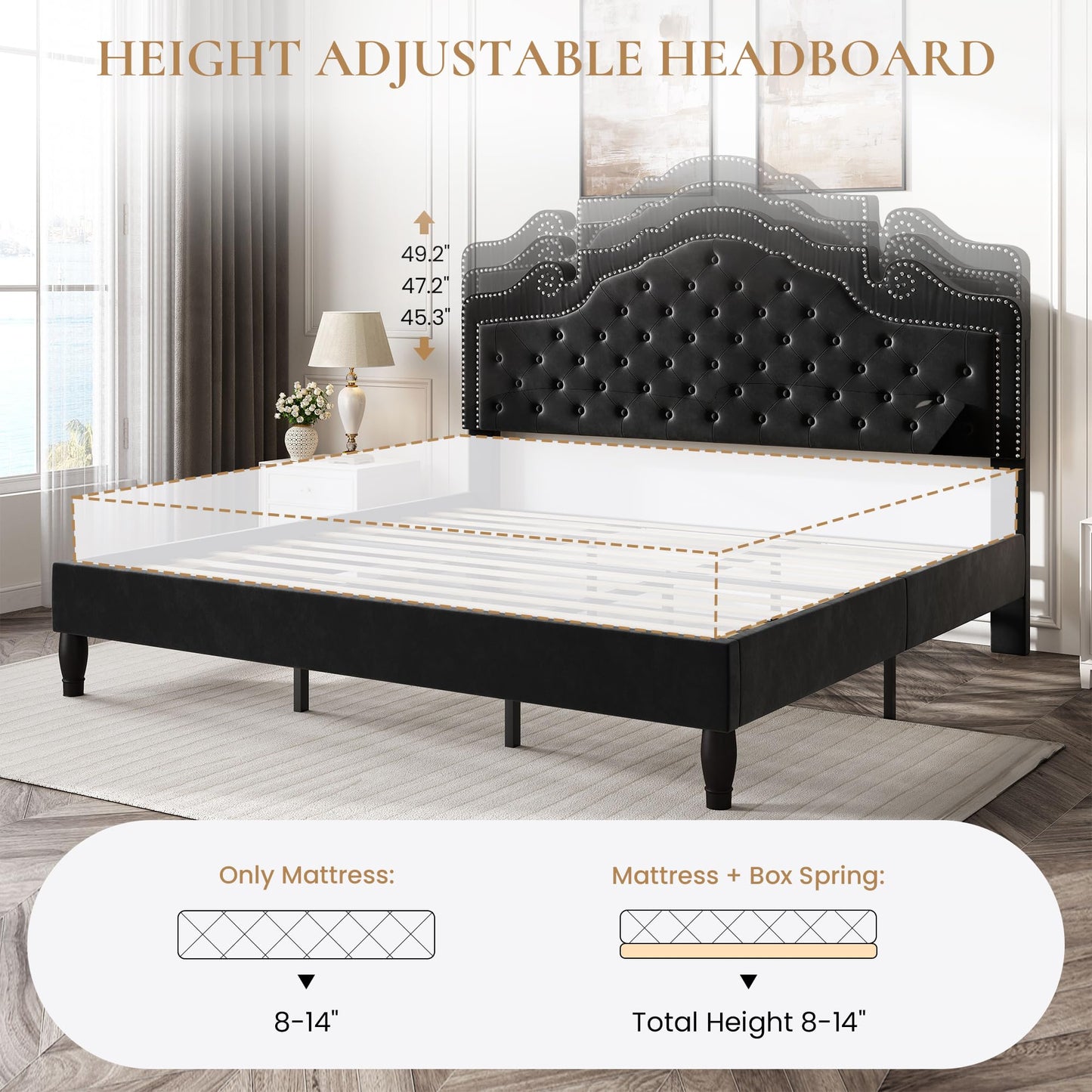 SHA CERLIN King Size Platfrom Bed Frame with Adjustable Headboard/Velvet Upholstered Diamond Button Tufted and Metal Studs/No Box Spring Needed/Easy Assembly/Wooden Slat Support/Black