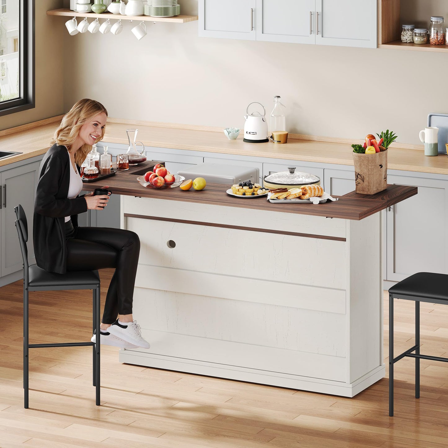 Homiflex Kitchen Island with Storage, Rolling Kitchen Islands with Storage, 55" W Large Island Table, Breakfast Bar Counter with Drop Leaf, Trash Can Cabinet, Power Outlet for Dining Room, Walnut
