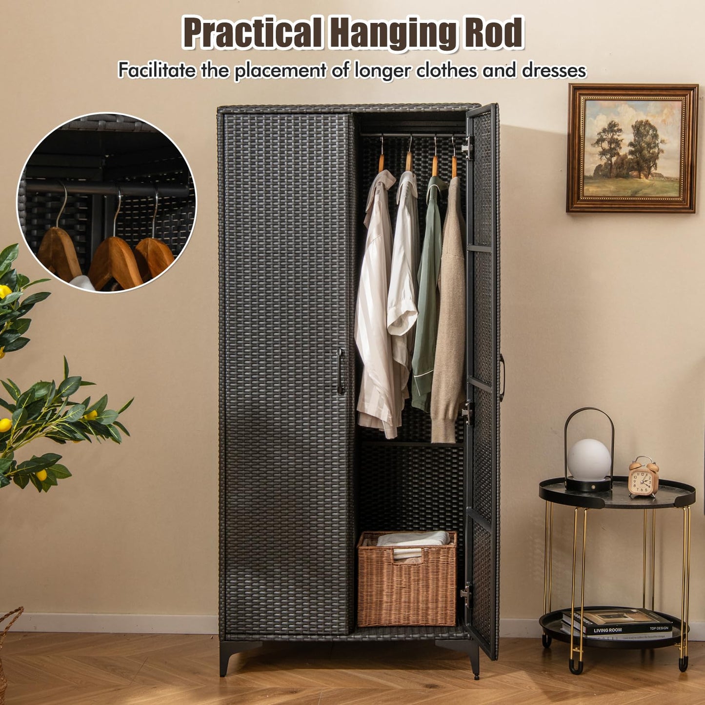 Giantex Wicker Storage Cabinet, 62” Tall Pantry Cabinet with 2 Doors, Hanging Rod, 4 Storage Cubes, Metal Legs, Anti-Tipping Device, PE Rattan Storage Cabinet for Home Office, Garage Cabinets (Black)