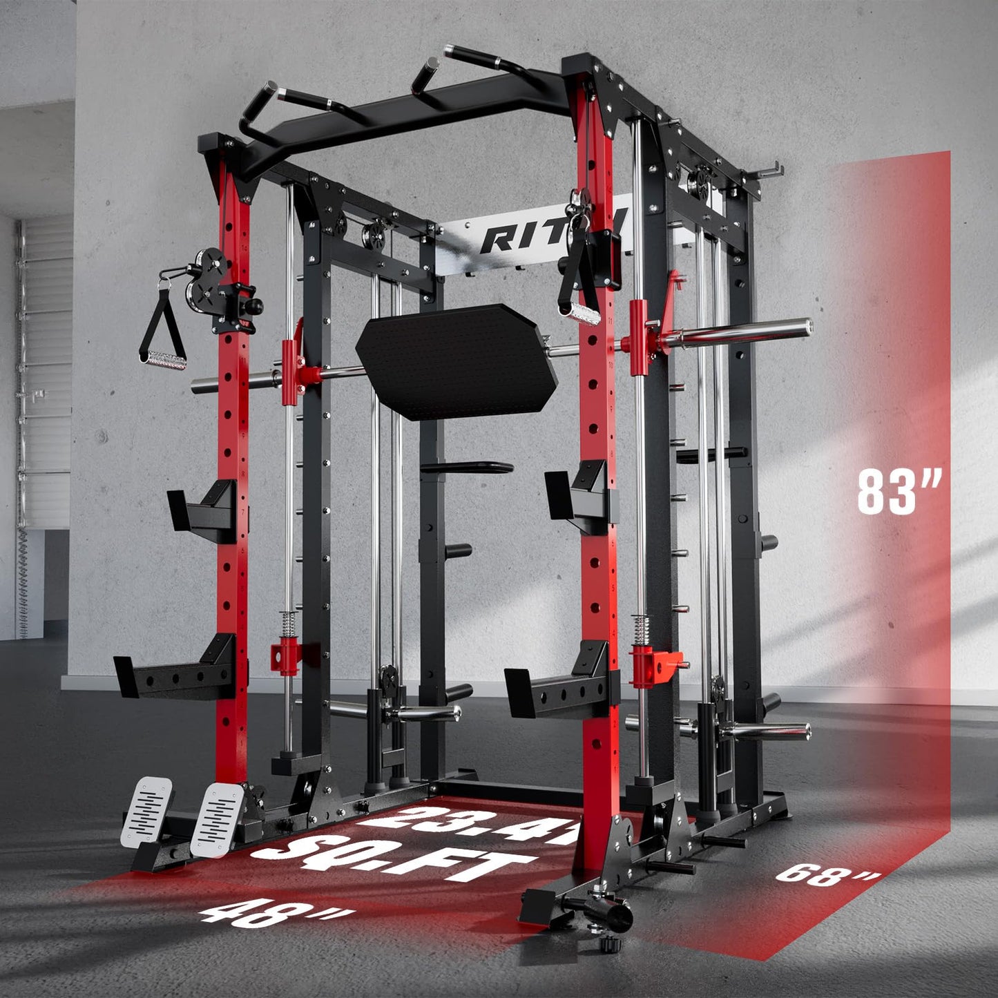 RitFit Buffalo Smith Machine, Power cage with LAT-Pull Down System & Cable Crossover System, All-in-One Squat Rack for Home Gym, Power Rack