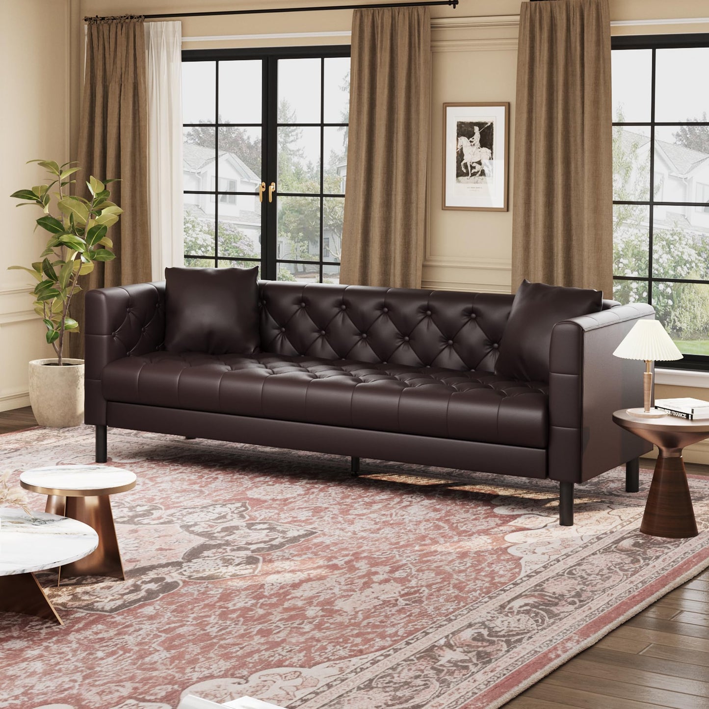 GarveeTech Leather Sofa 81", Chesterfield Style 3 Seater Couch with Deep Seat, Hand-Tufted Button Quilting, Vintage Couch for Living Room, Apartment, Office