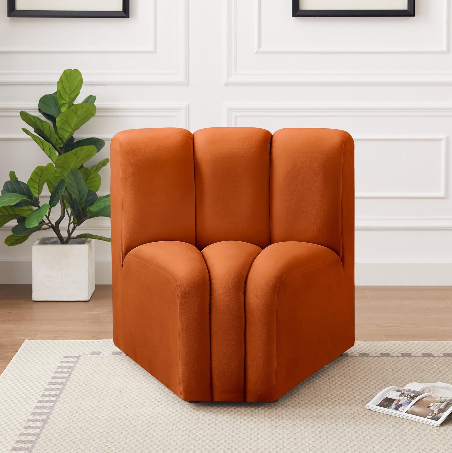 Meridian Furniture 103Cognac-CC Arc Collection Modern | Contemporary Curved Corner with Soft Cognac Velvet, Channel Tufting, Modular for Limitless Configurations, 33" W x 31" D x 30" H, Cognac