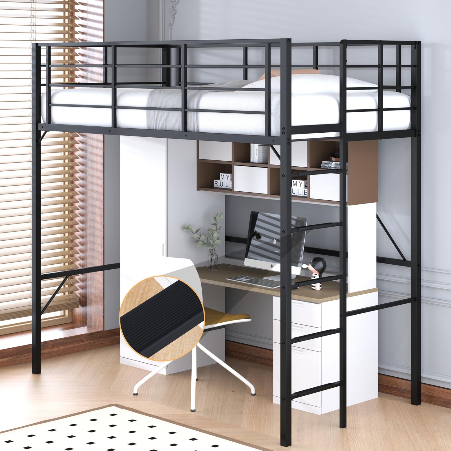 Debercu Twin loft Bed 75 inch High with High Guardrail,Space Saving Bedframe with Wide Ladder Rungs,No Sagging,Allow 12 inch Mattress Sturdy Metal Bed,Black
