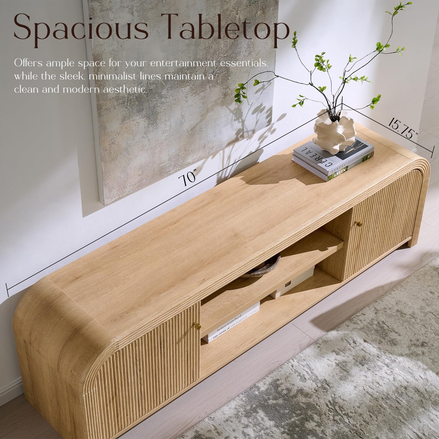 T4TREAM 70" Modern Fluted TV Stand with Storage, Natural Oak