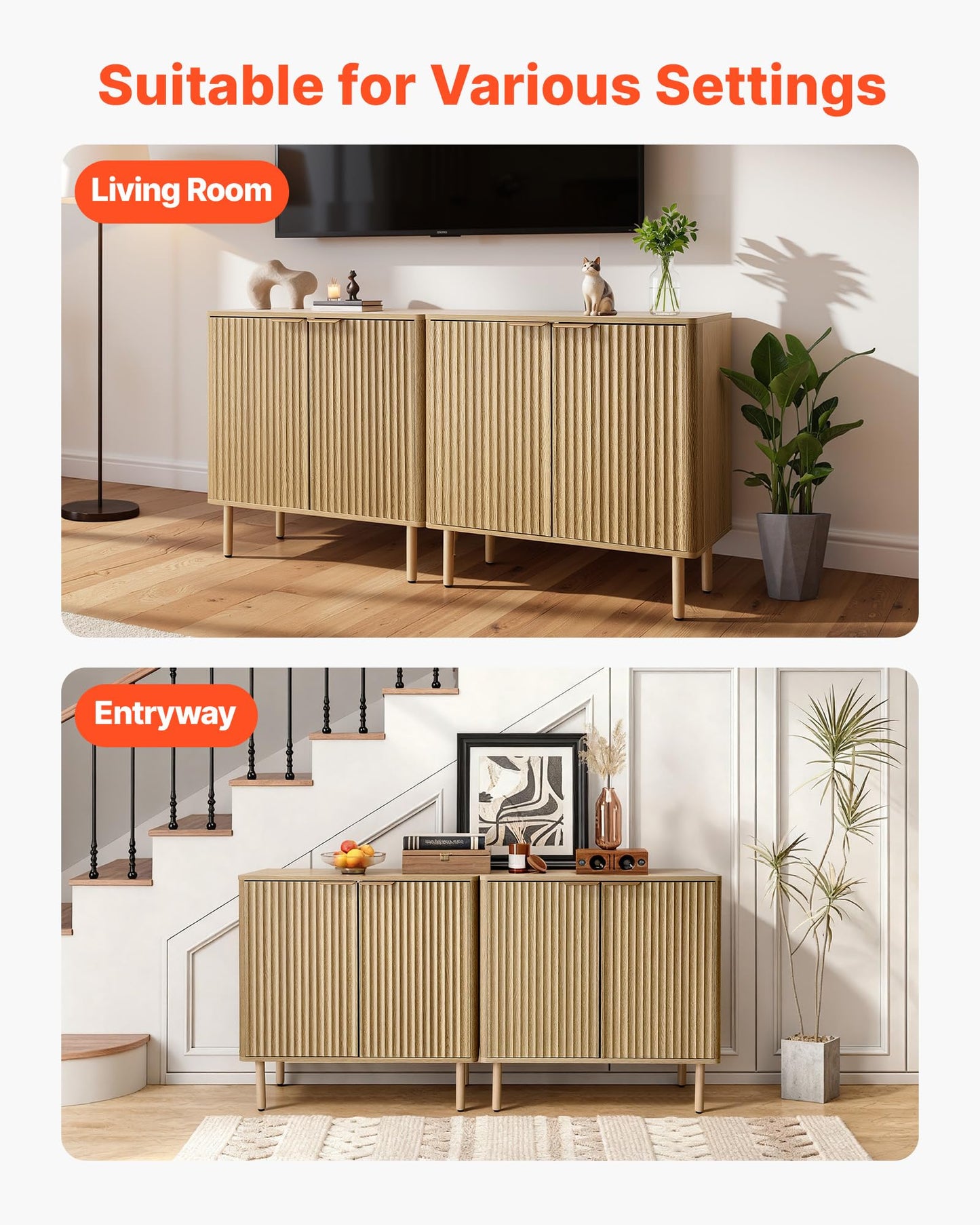 VEVOR Buffet Cabinet, Sideboard Cabinet with 2-Tier Storage, Coffee Bar Cabinet with Adjustable Shelves, Fluted Sideboard Buffet for Hallway, Entryway, Living Room, or Kitchen, Oak(2pcs)