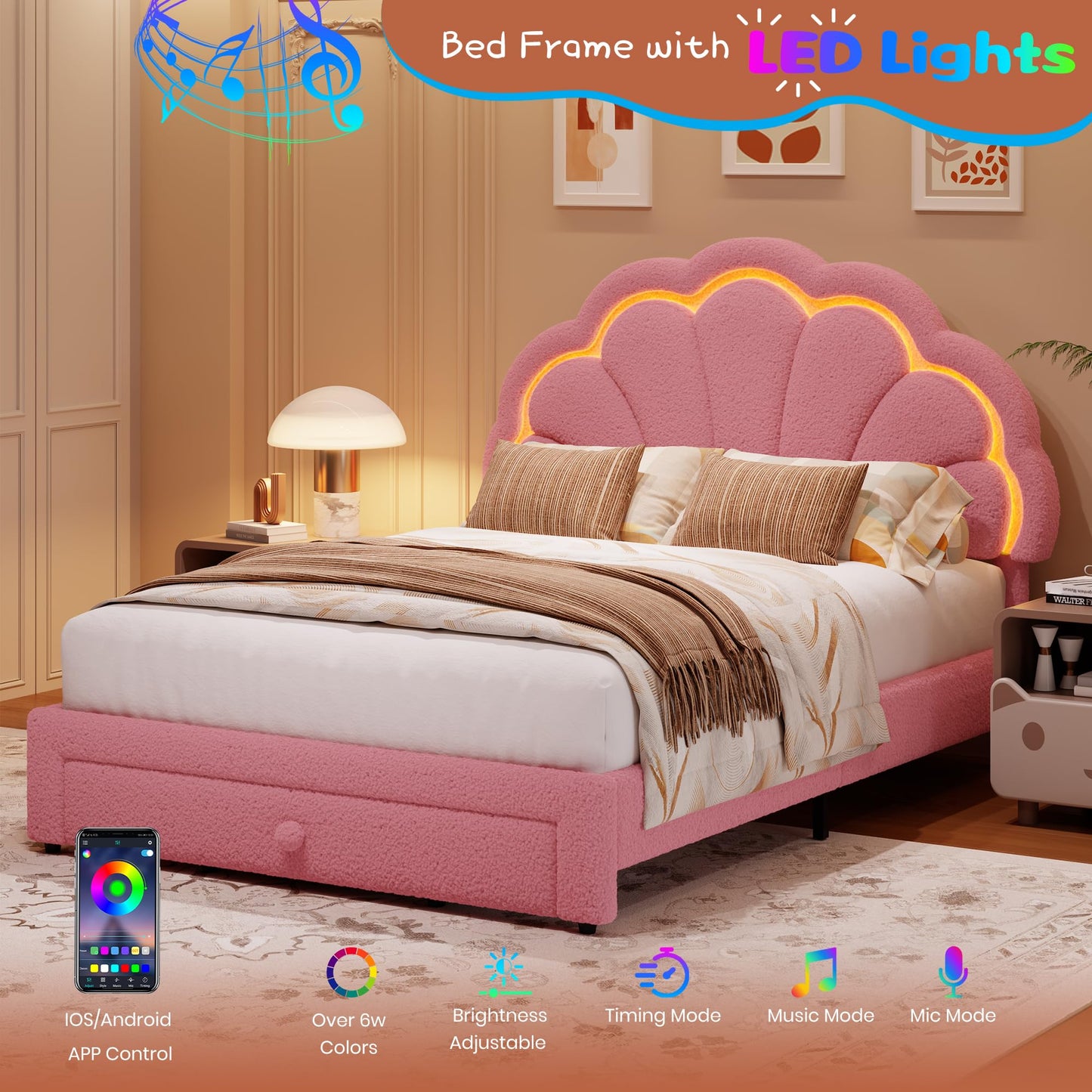 Garvee Full Upholstered LED Bed Frame - with Storage Drawer and Adjustable Chic Headboard, Berber Fleece Princess Platform Bed for Kids, Wood Support, No Box Spring Needed, Easy Assembly, Pink
