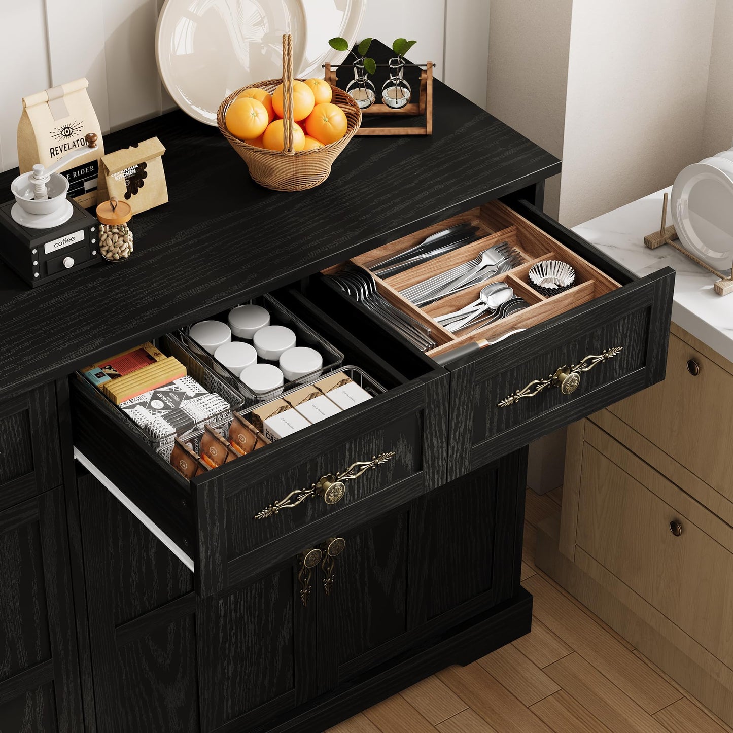 Garvee 63" Large Buffet Sideboard with Storage, 36" Tall Kitchen Buffet Storage Cabinet with 4 Drawers, Modern Coffee Bar Cabinet with Gold Handles, Long Sideboard Buffet Table for Kichen, Black