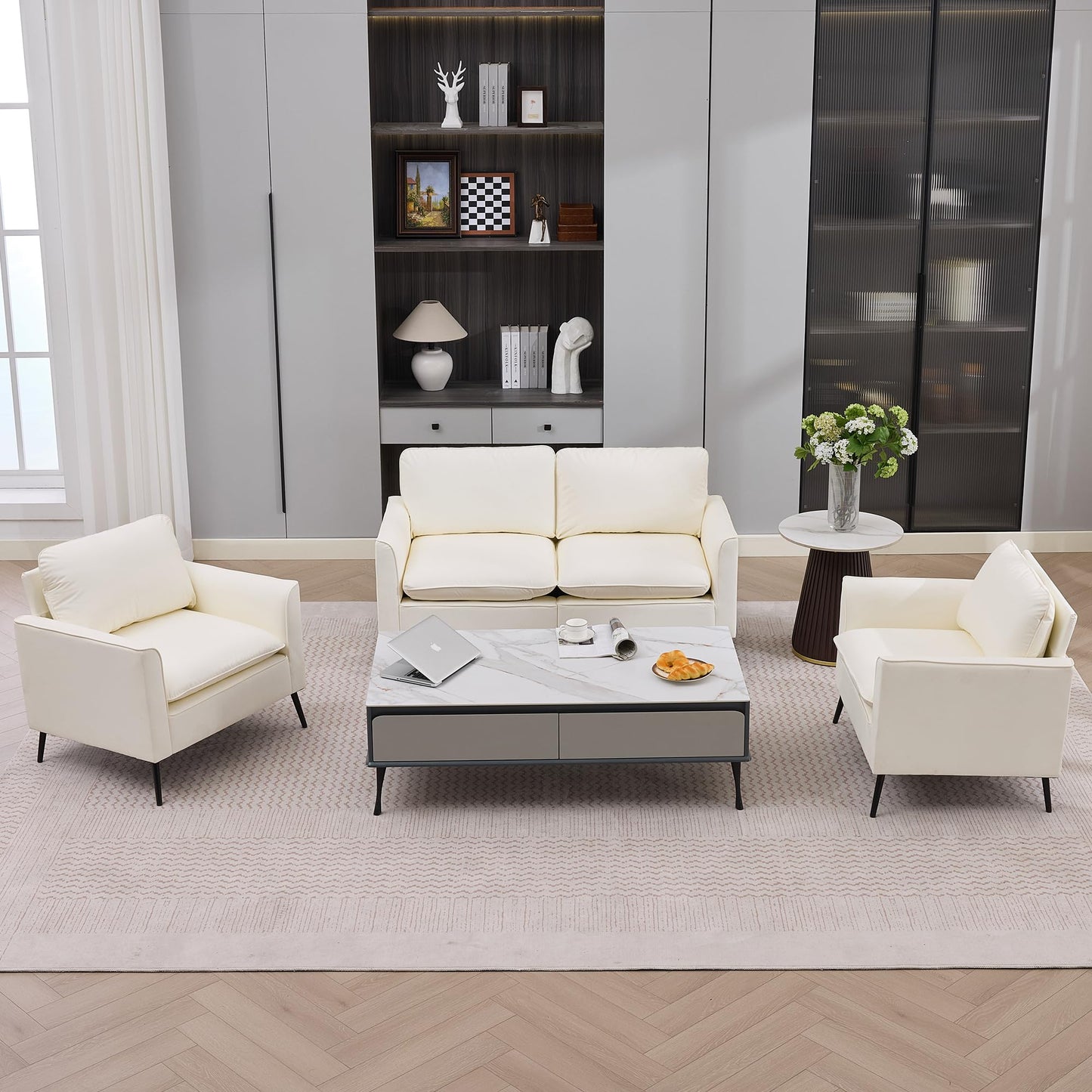 KEIKI Faux Leather Sofa Couch, Living Room Furniture Sectional Sofa Sets of 3 Pcs, Mid Century Modern Decor Sofa Couches, Loveseat & Accent Chair for Small Space, Apartment, Office, Cream White