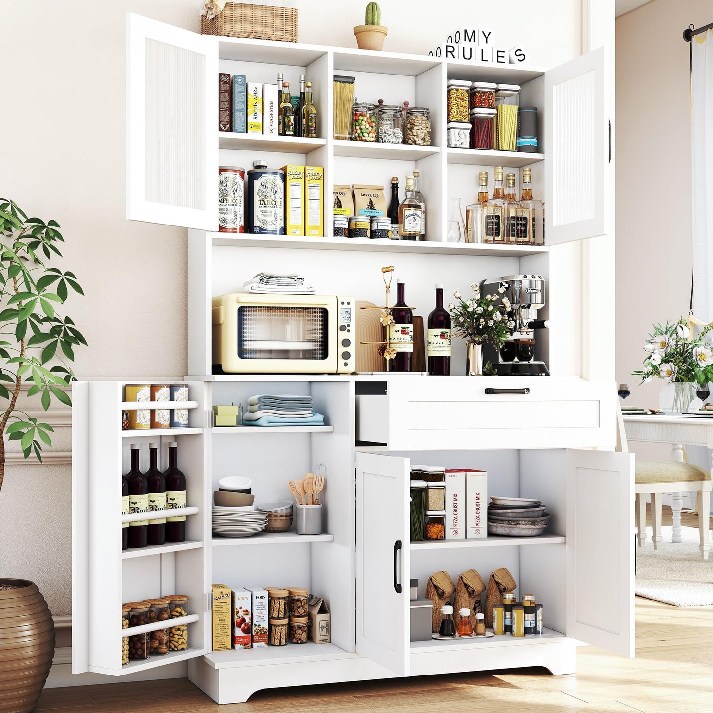 WAYTRIM Kitchen Hutch Cabinet with Storage, White Pantry Cabinet with 4 Doors and Shelves, Pantry Cabinet with Microwave Shelf & Drawers & Adjustable Shelves for Kitchen Dining Room Furniture
