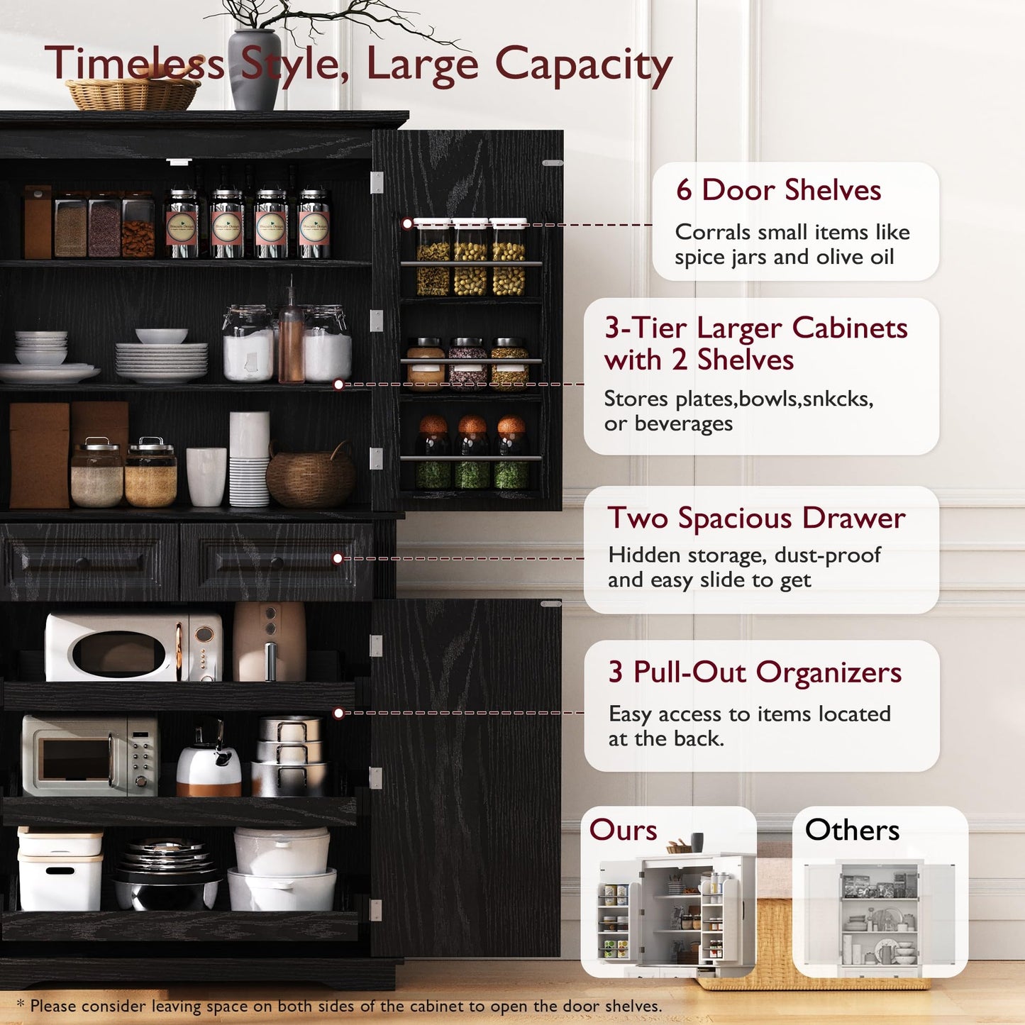 Ball & Cast 71" Farmhouse Kitchen Pantry Cabinet with 3 Pull-Out Organizers, Tall Storage Cabinet with 4 Doors, 2 Drawers, 6 Door Shelves & Adjustable Shelves, Freestanding Cupboard, Black