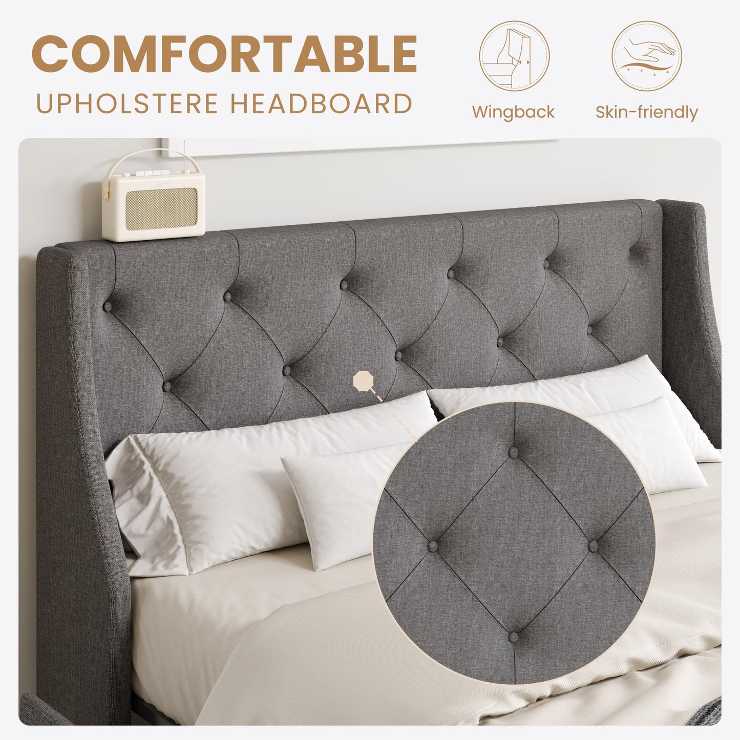SHA CERLIN Upholstered Full Size Platform Bed Frame with 4 Storage Drawers and Wingback Headboard, Diamond Stitched Button Tufted Design, No Box Spring Needed, Light Grey