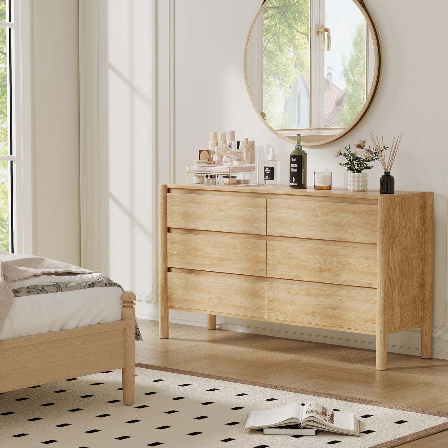 CHUWELL Dresser for Bedroom, 47" Wide Mid Century Modern Chest of Drawers with 6 Large Storage Space and 4 Solid Wood Cylindrical Legs, 6 Drawer Large Dresser for Bedroom(Oak)
