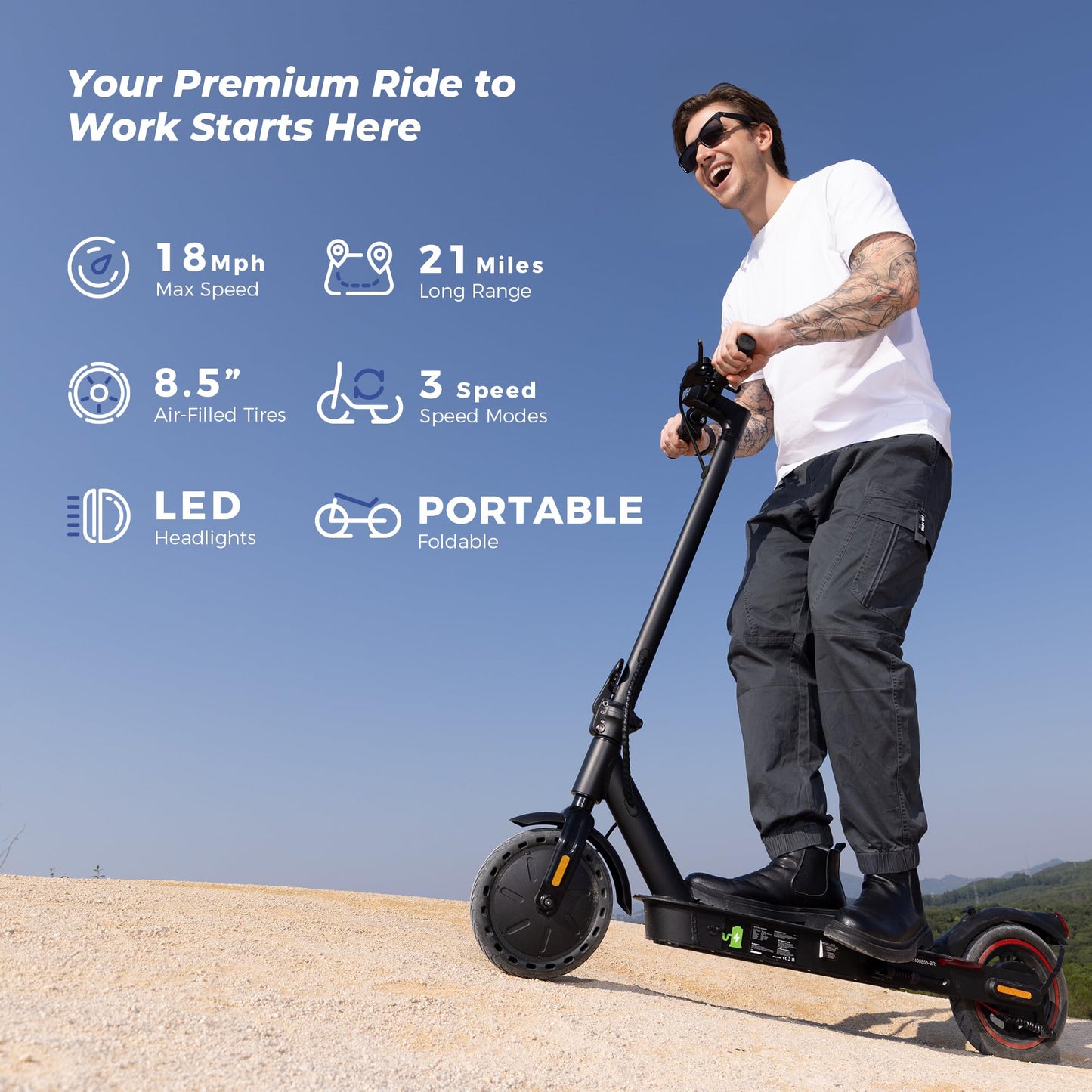 WAWSCOTE Electric Scooter - Electric Scooter Adults, 500W/1500W Motor, 18/21/25 Max MPH, 21/28 Miles Max Range, APP Control, Double Braking Systems, 8.5’’ Tire, Foldable E-Scooter