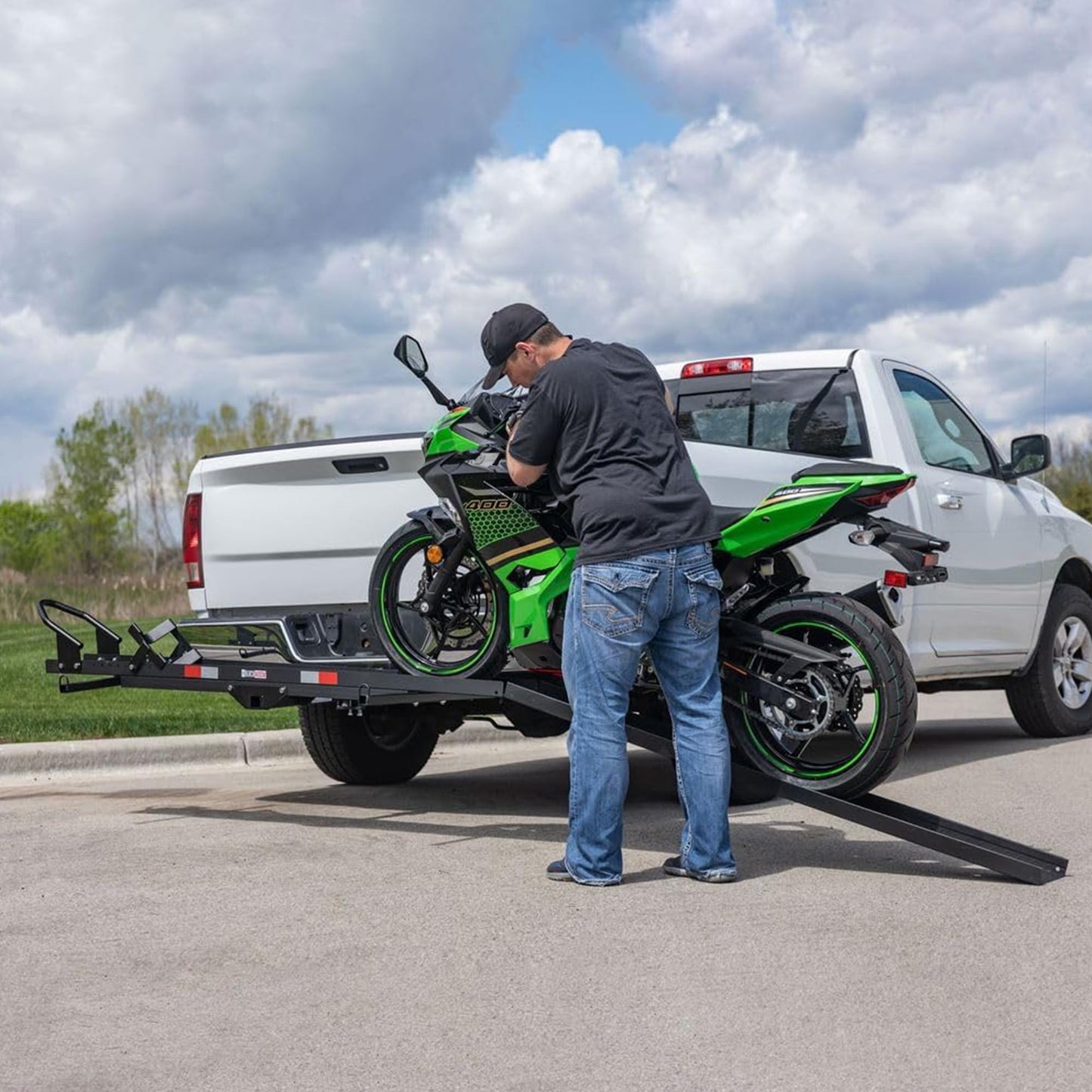 Black Widow Steel Motorcycle Carrier with Ramp for 2-Inch Receiver, 600 lb Capacity - Hitch-Mounted Dirt Bike and Scooter Hauler with Grit-Coated Track and Anti-Rattle Device for SUVs and Trucks