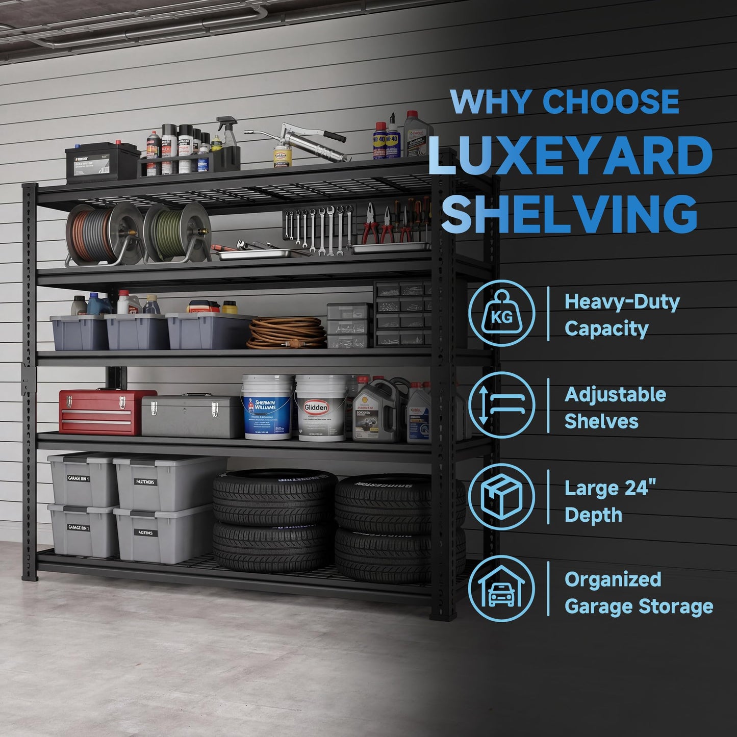 LUXEYARD Heavy Duty Garage Shelving, 60" W x 24" D x 78" H, 5-Tier Adjustable Metal Storage Rack, 660 lbs Per Shelf, 3300 lbs Total Capacity, Black, 1-Pack