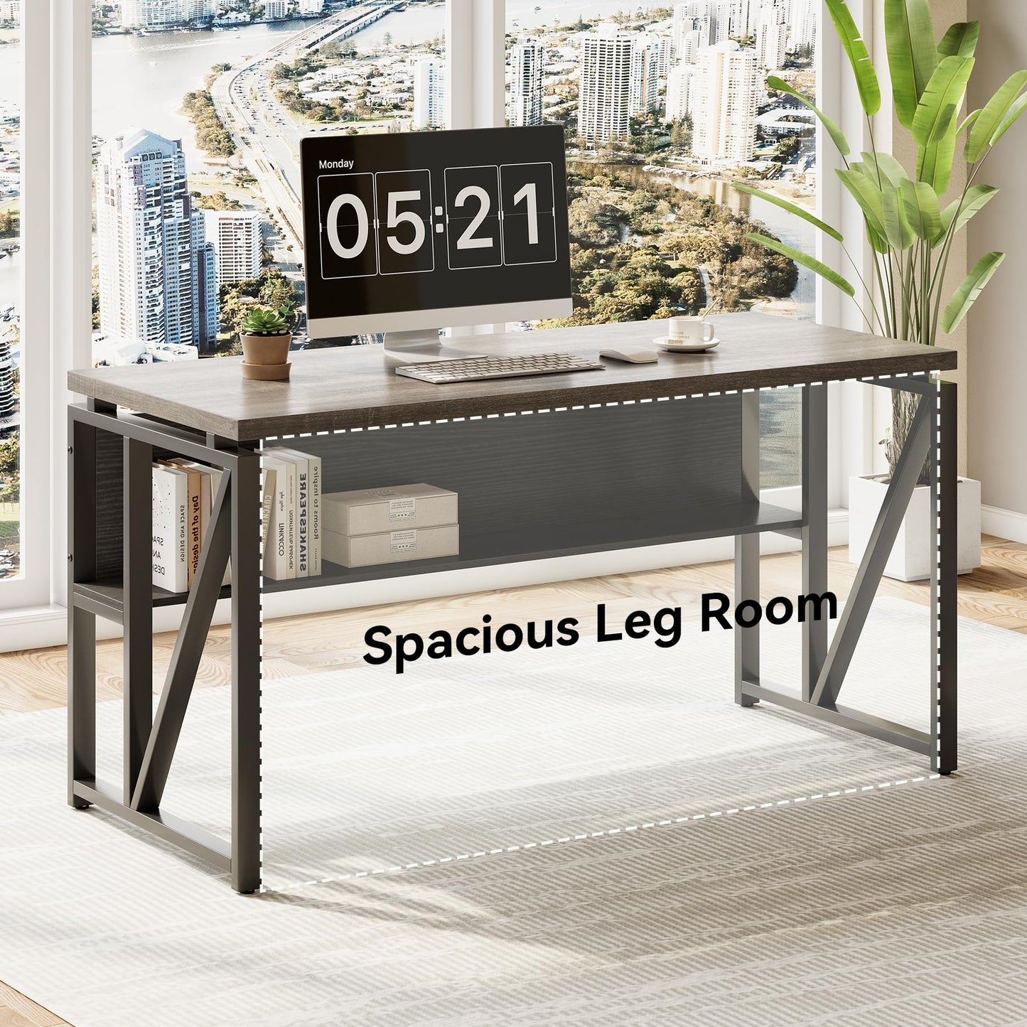 LITTLE TREE 55" Executive Computer Desk and Lateral File Cabinet, L-Shaped Office Desk for Home Office, Furniture Set, Grey