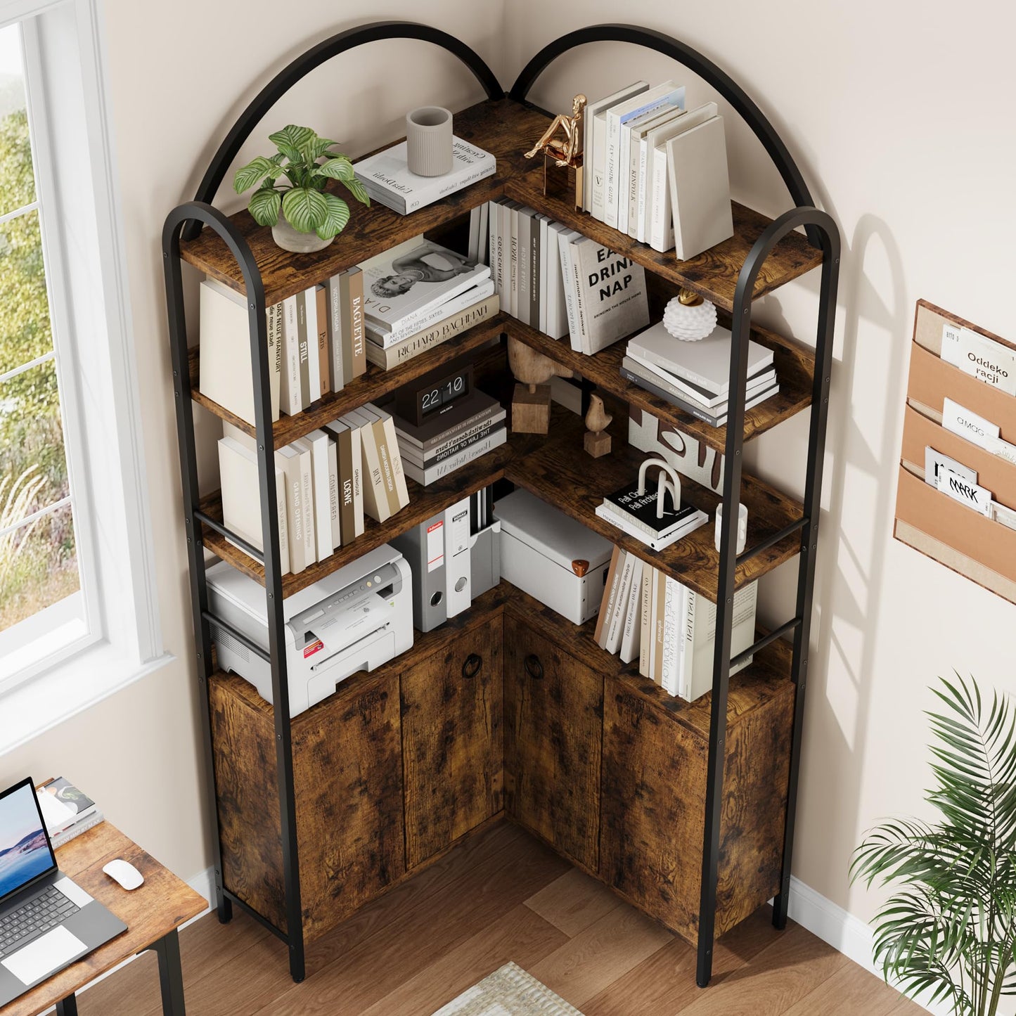 Garvee Corner Bookshelf with Storage, 74.5" Corner Bookcase with Cabinet, Large l Shaped Bookshelf Arched 6 Tier Corner Bookcase with Metal Frame for Living Room Bedroom