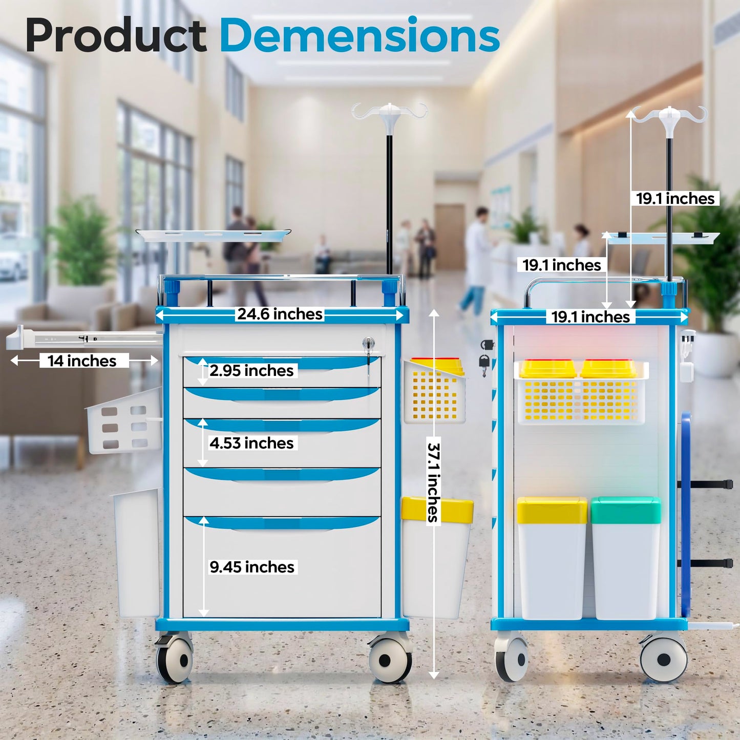 Fuzren Medical Rolling Storage Crash Cart with Wheels, 5-Tier Medical Cart with Drawers, Adjustable IV Pole, Trash Bin & O2 Holder, Needle Disposal Holder, Silent Casters, Ideal for Hospitals (Blue)