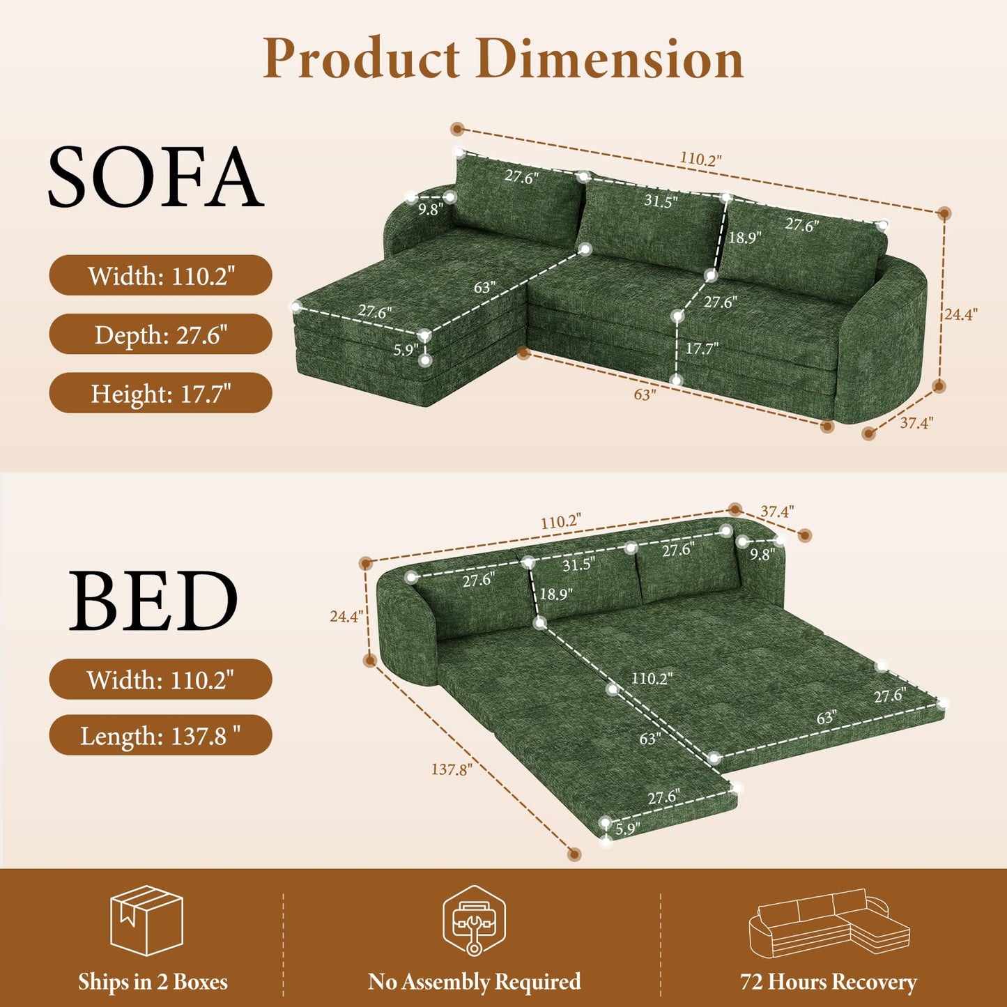 Vesgantti 110.2" Modular Sectional Sofa with Curved Armrest, 6 in 1 Convertible Folding Sleeper Sofa Bed, Chenille Boneless Couch for Living Room, No Assembly Required, Green, Left Facing Chaise