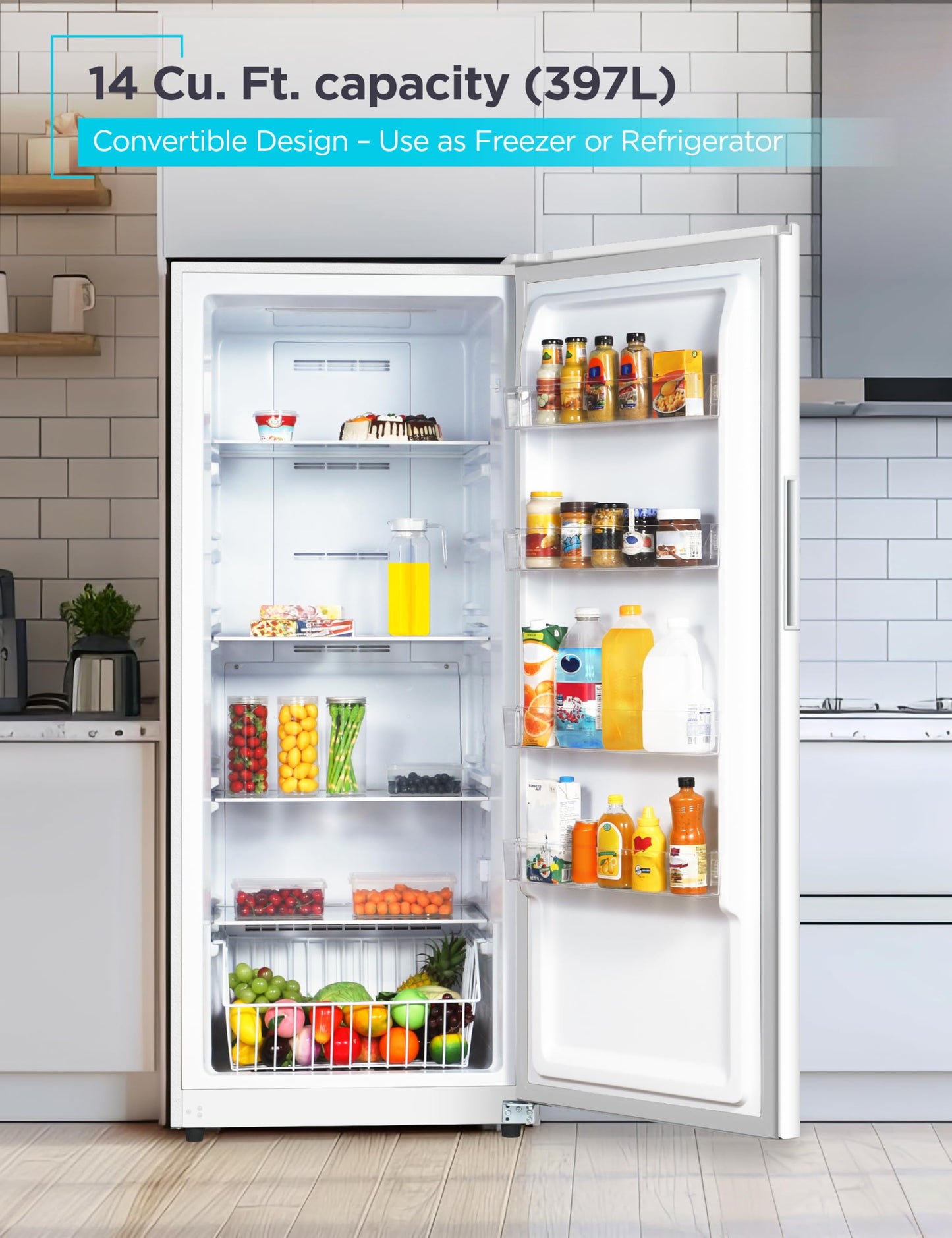 BLACK+DECKER 14 Cu. Ft. Convertible Freezer Refrigerator, Upright Freezer with Glass Shelves, ENERGY STAR rated, Frost Free, BUC1400XW, White