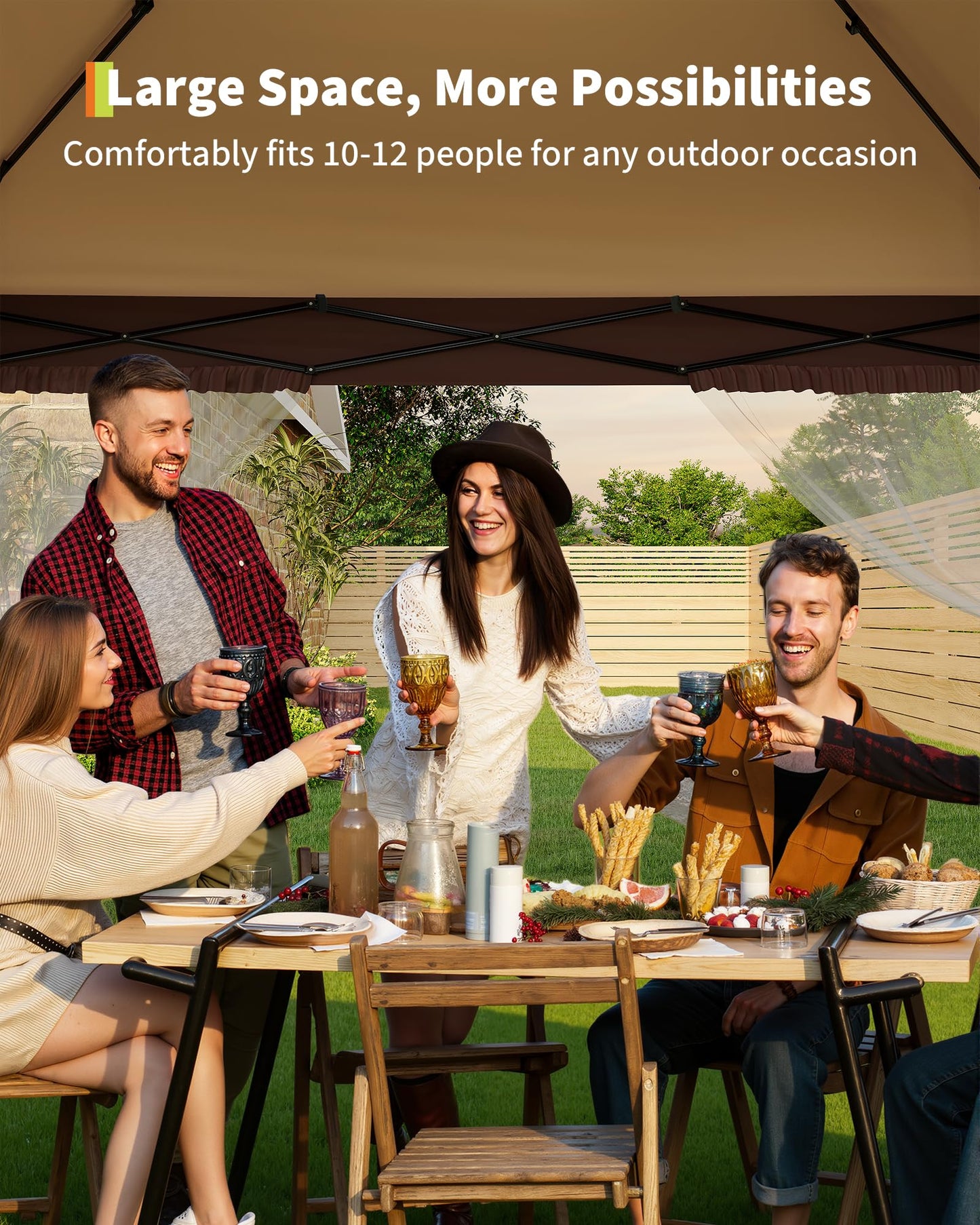 Canopy Tent 12x12 ft, Pop Up Gazebo One-Push Setup with 4 SandBags for Backyard Parties and BBQs, Mosquito Netting & Height Adjustable - Khaki & Coffee