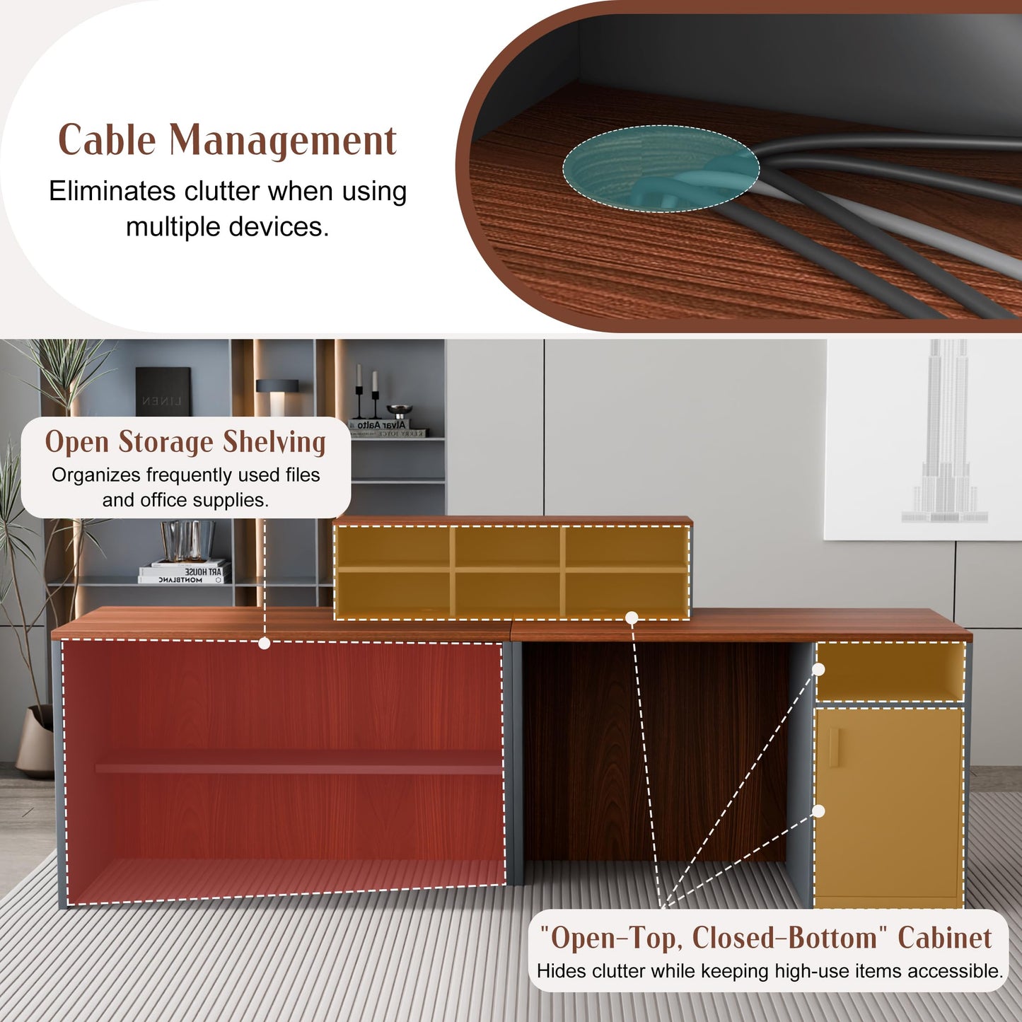 JNMDLAKO Reception Desk with Counter, 78.8" Modern Front Desk Reception Counter Walnut, Retail Checkout Counters with Storage Shelf Cabinet for Business Office, Lobby, Store, Salon