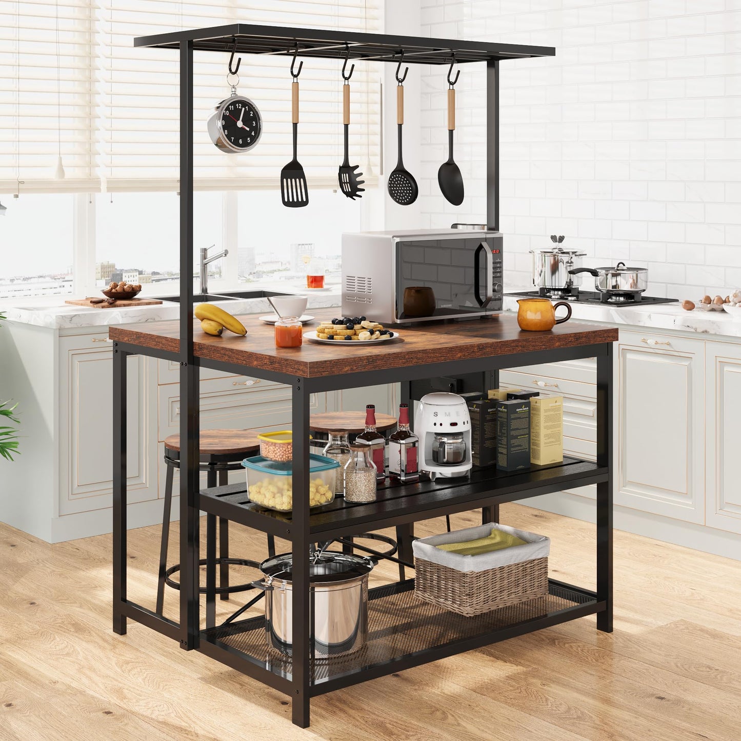 Garvee 47 in Kitchen Island with Power Outlets - Mobile Bakers Rack with 3 Shelves, Microwave Stand & 5 Hooks, 400 LB Capacity (Brown)