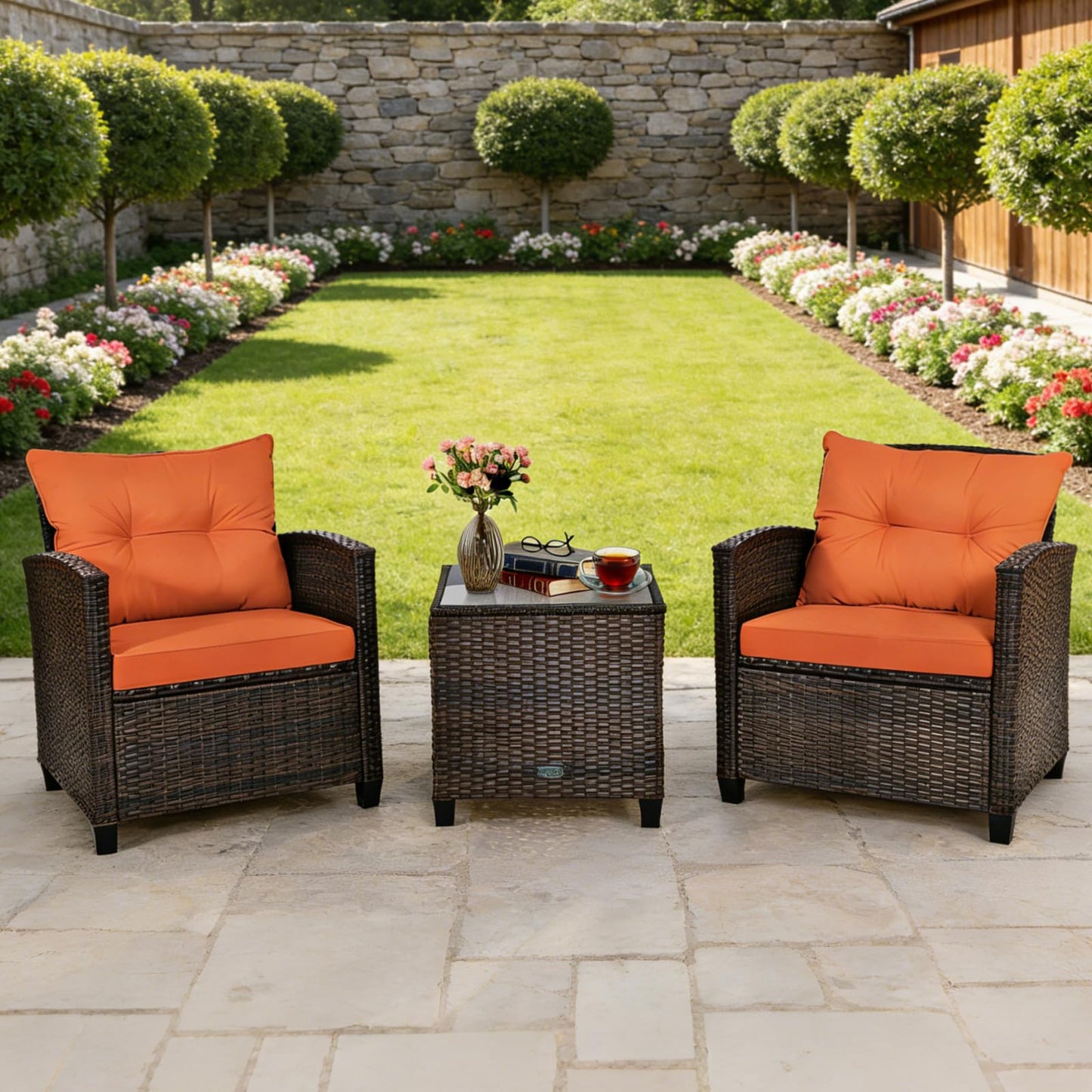 COSTWAY 3PCS Patio Furniture Set, PE Rattan Wicker Sofa w/Washable Cushion and Coffee Table, Tempered Glass Tabletop, Outdoor Conversation Set for Balcony, Porch, Yard, Backyard, Lawn (Orange)