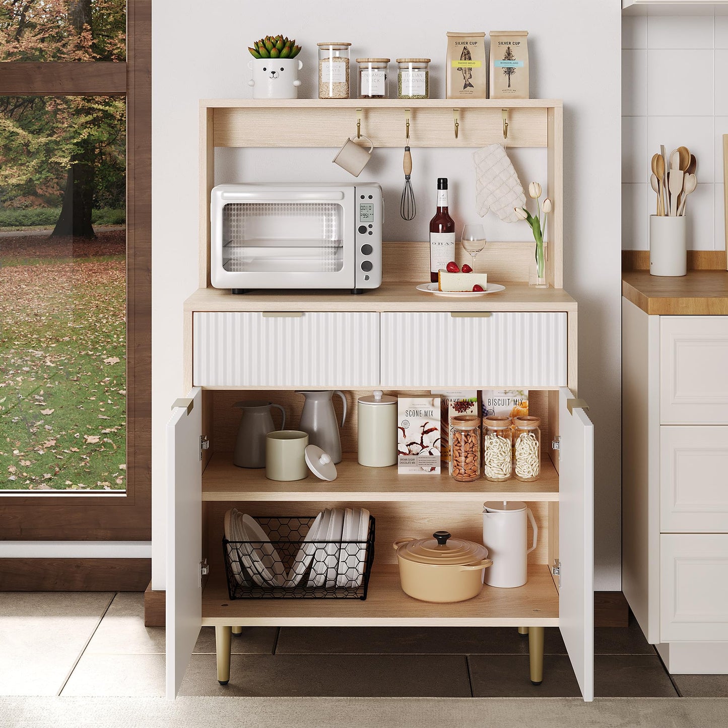 GarveeHome Fluted Sideboard Buffet Cabinet with Storage, Small Modern Coffee Bar Cabinet with Adjustable Shelves & 2 Drawers, Wood Buffet Console Table for Kitchen Dining Room Living Room