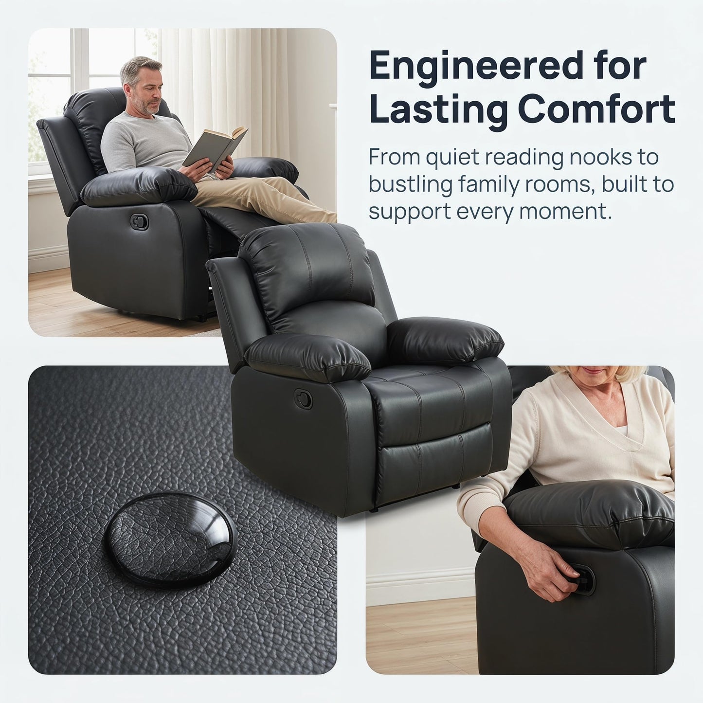 Trygoal Manual Recliner Chair, Nursery Rocking Chair, Recliner Chair for Adults, Lazy Boy, Gaming Recliner wih Overstuffed Arms, Suitable for Home Theater, Living Room, Bedroom, Black