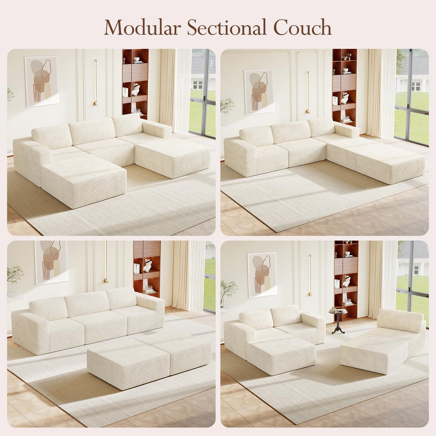 119" U-Shaped Modular Cloud Sofa, Corduroy Sectional Couch with Extra Deep Seats & Durable Spring Support, Convertible Boneless Sofa Set with Dual Ottomans, No Assembly, Beige