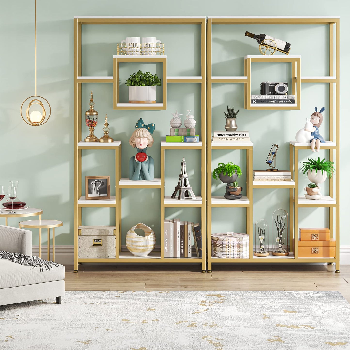 LITTLE TREE 71" Tall Bookshelf, Large Open Display Shelf, Geometric Cubed Bookcase, Modern Book Shelf with Storage Shelves for Office, Living Room, Bedroom, Gold & White