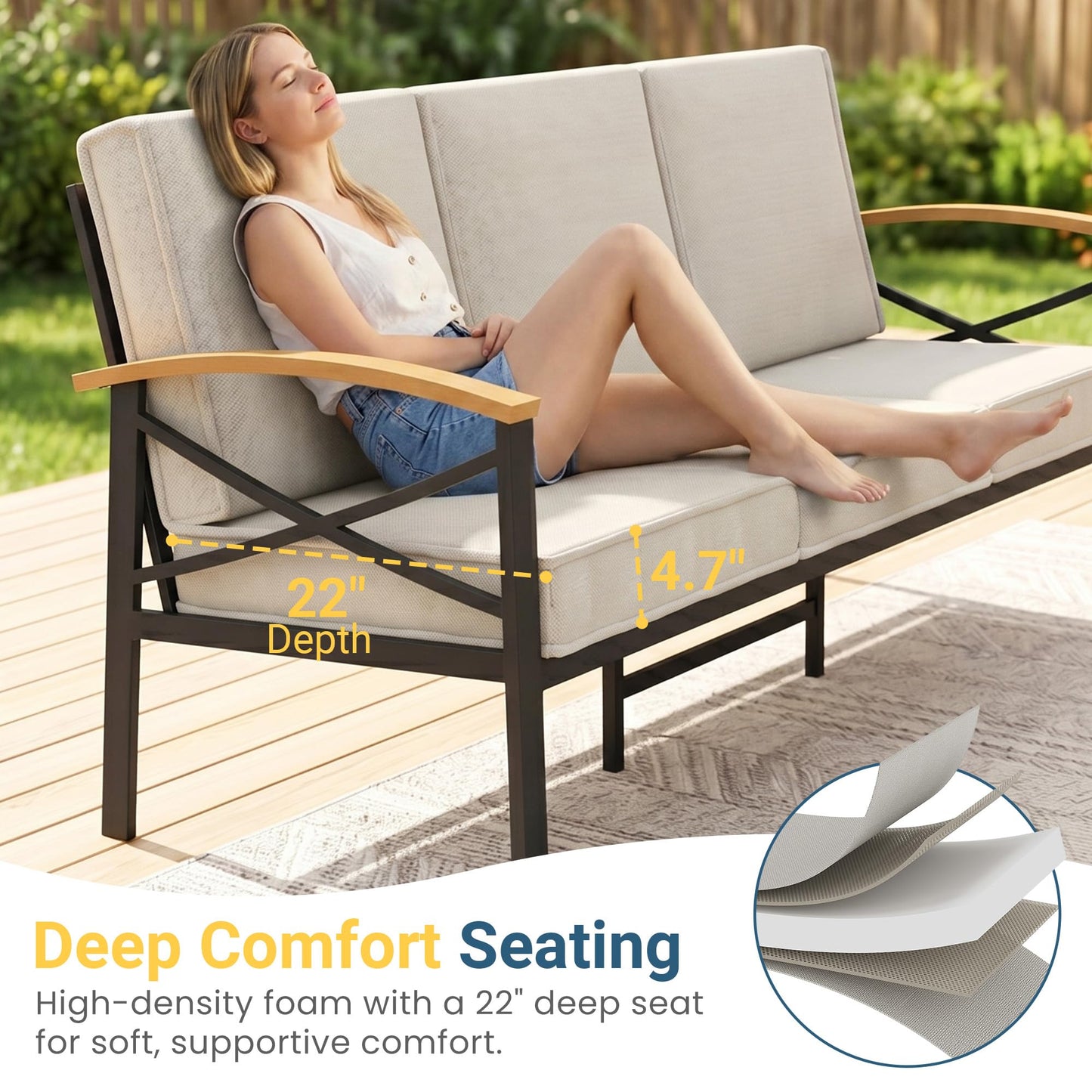 6-Piece Outdoor Patio Furniture Set for All-Weather, Heavy-Duty Metal Outside Furniture with Washable Thick Cushions, Patio Sectional with Coffee Table for Patio, Deck, Backyard, Garden, Beige