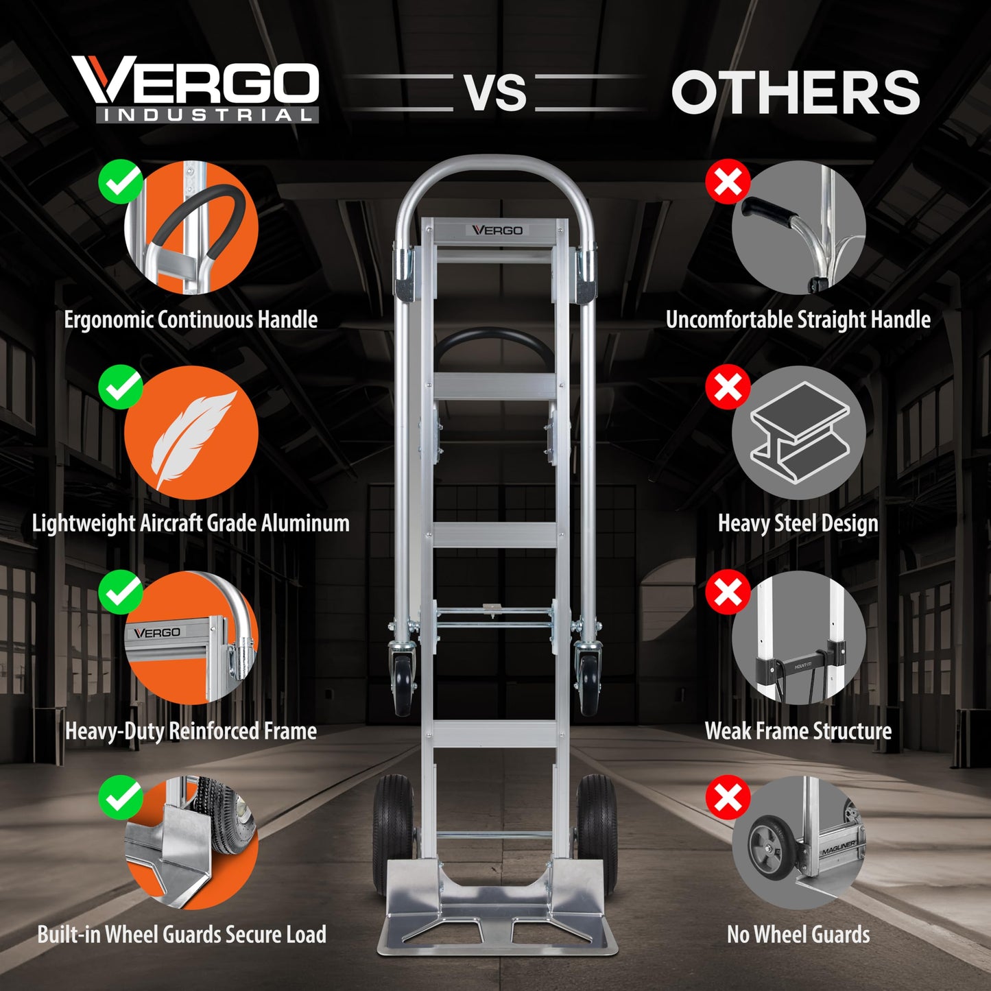 Vergo Industrial Convertible Hand Truck - AS7B Heavy Duty Aluminum 2 in 1 Dolly (800 lb Capacity) Lightweight Reinforced Frame, Ergonomic Handle, Superior Mobility Moving Dolly (2 Positions, 63" High)