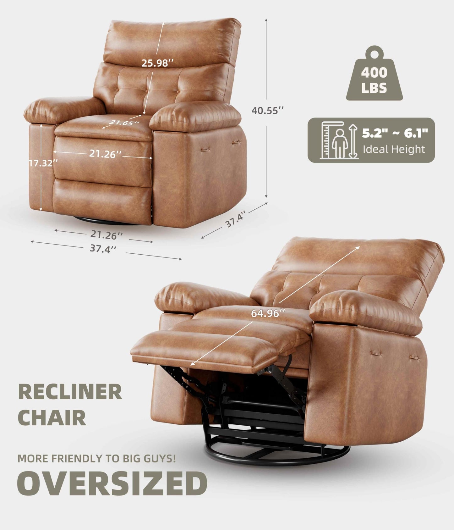 Garvee Oversized Swivel Rocker Recliner Chair - Heat and Massage, Leather Manual Recliner for Adults, Lazy Chair with Comfort Arms and Back Single Sofa for Living Room