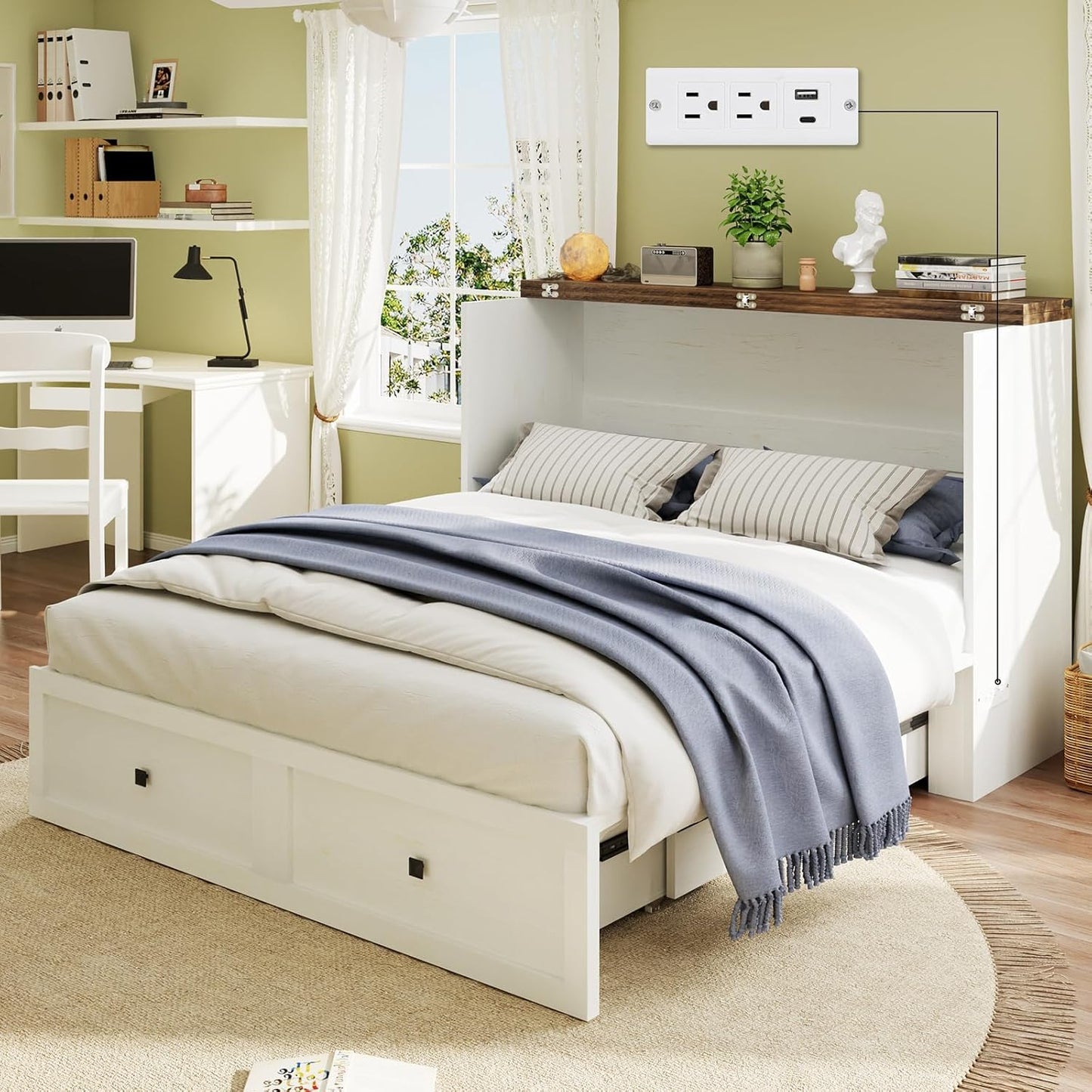 Garvee Farmhouse Queen Murphy Bed with Charging Station & Easy Fold-Down - 900lbs Capacity Heavy Duty Murphy Bed Cabinet with Storage for Living Room, Bedroom, Office