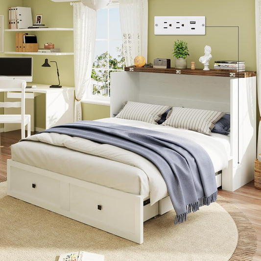 Garvee Farmhouse Queen Murphy Bed with Charging Station & Easy Fold-Down - 900lbs Capacity Heavy Duty Murphy Bed Cabinet with Storage for Living Room, Bedroom, Office
