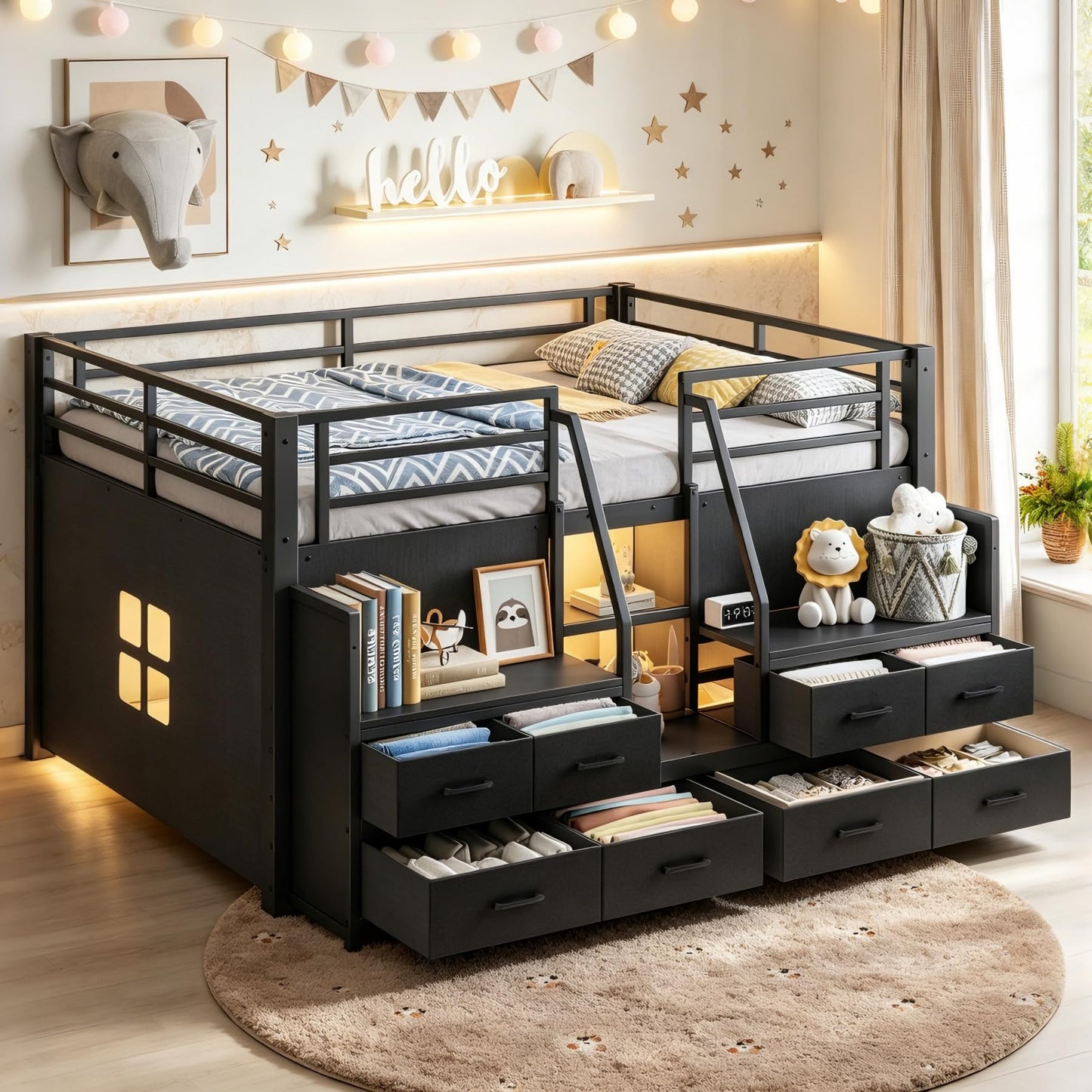 Bellemave Low Loft Bed Full Size with Storage Shelves & Fabric Drawers, Metal Full Loft Bed for Kids with LED Lights & Under-Bed Play Area, Low Loft Bed Frame for Bedroom, No Box Spring Needed, Black