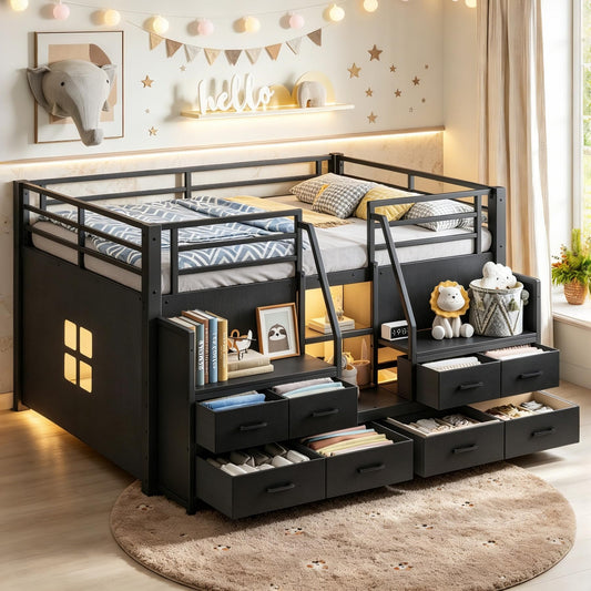 Bellemave Low Loft Bed Full Size with Storage Shelves & Fabric Drawers, Metal Full Loft Bed for Kids with LED Lights & Under-Bed Play Area, Low Loft Bed Frame for Bedroom, No Box Spring Needed, Black