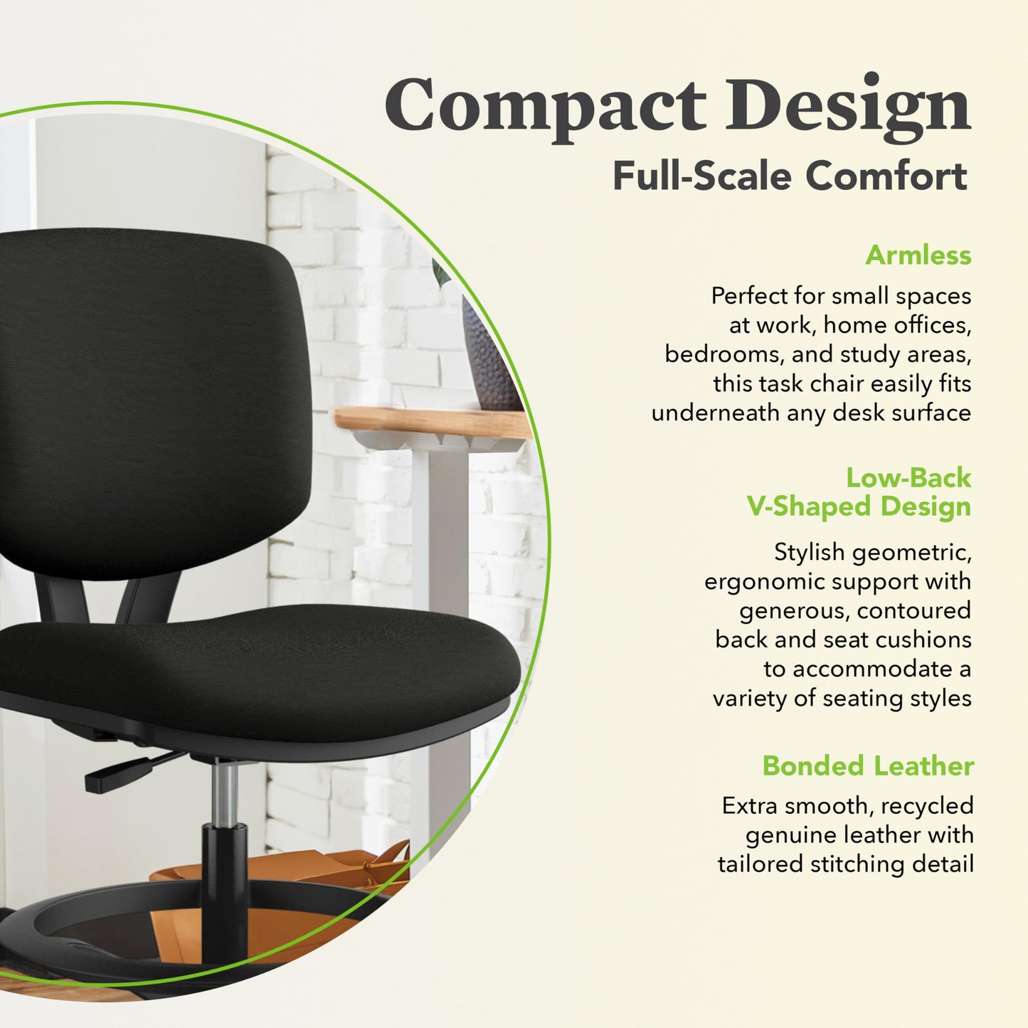 HON Volt Standing Desk Chair with Bonded Leather Seat and Back, Armless Ergonomic Task Stool with Adjustable Footring and Center‑Tilt Recline for Sit‑Stand Workstations, Black