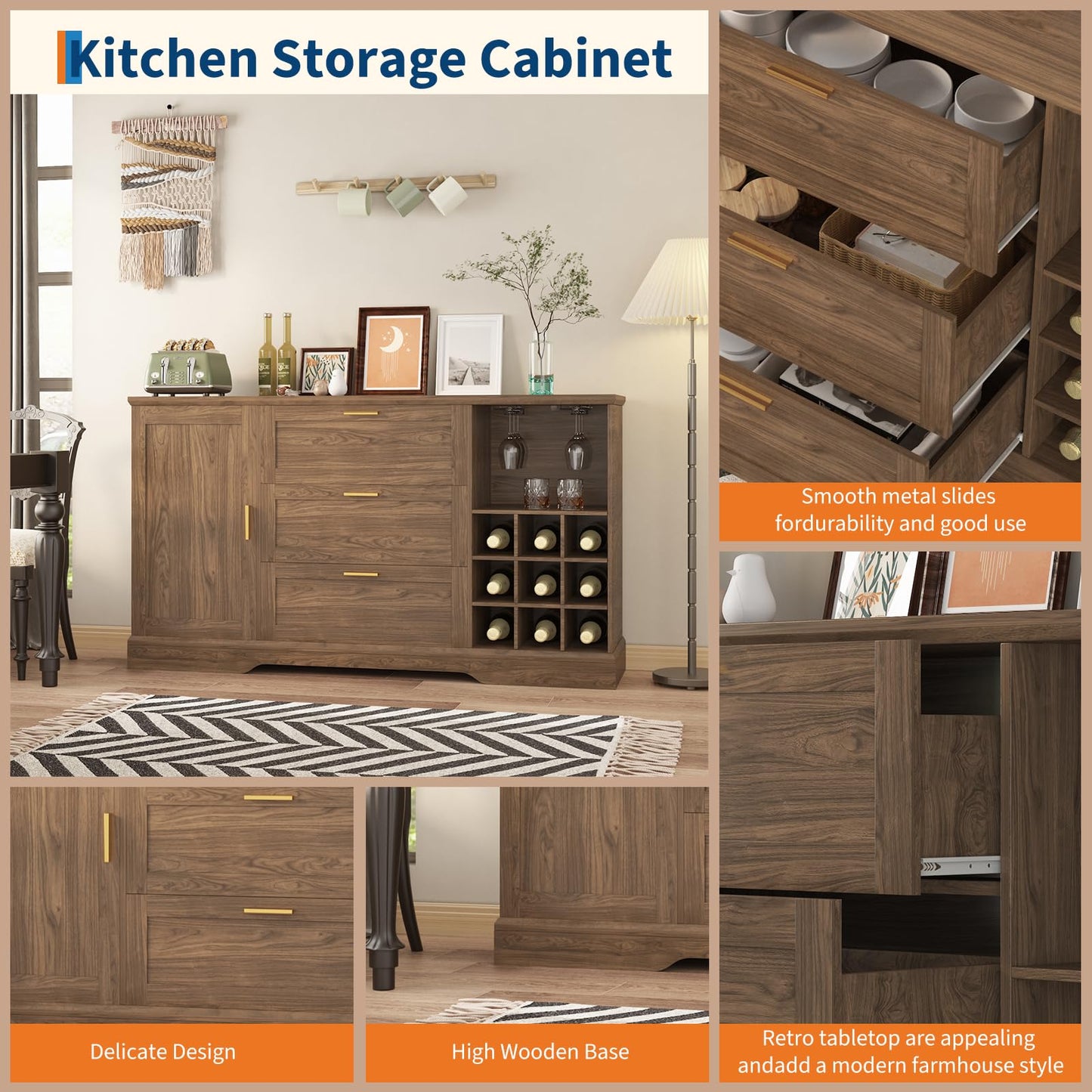 63 Inch Farmhouse Sideboard Buffet Cabinet with 3 Drawers & Wine Rack, Kitchen Coffee Bar with Adjustable Shelves & Door, Versatile Storage Console for Kitchen, Entryway & Dining Room Rustic Walnut