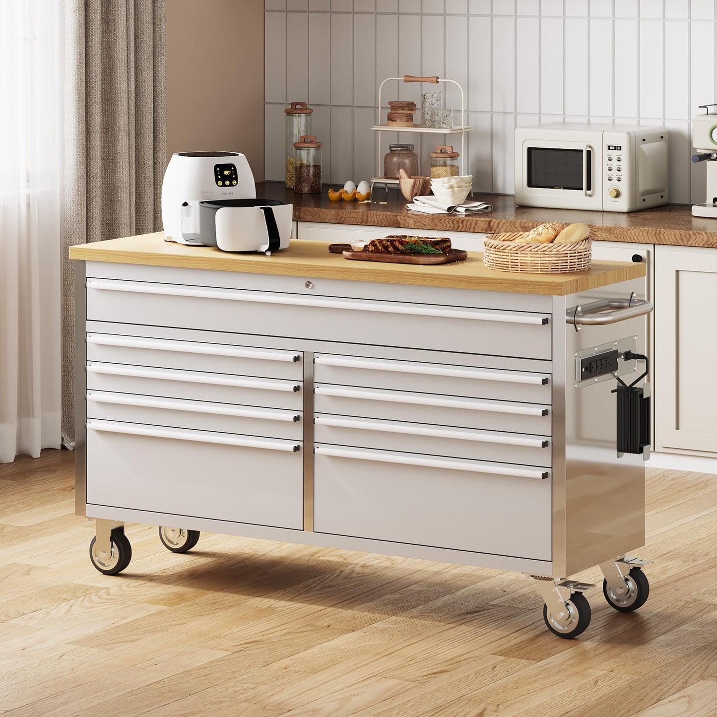 Garvee 61 Inch Rolling Tool Chest Workbench with Solid Wood Top, 9 Drawer Lockable Tool Storage Cabinet on Wheels, Heavy Duty Mobile Tool Box Cart for Garage, Workshop and Repair Shop
